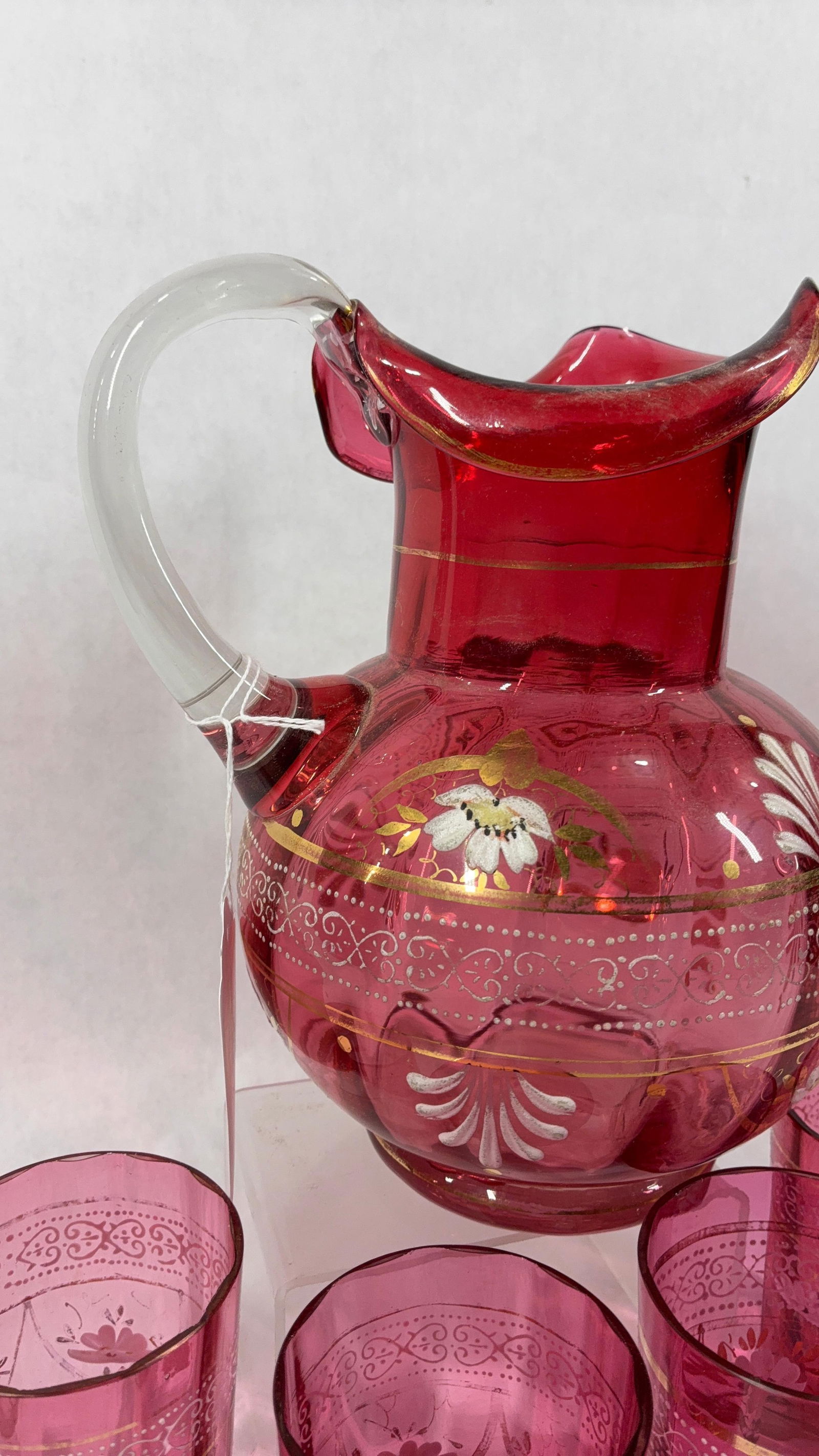 Hand Blown 1890s Cranberry Glass Water Pitcher & Glasses - 6