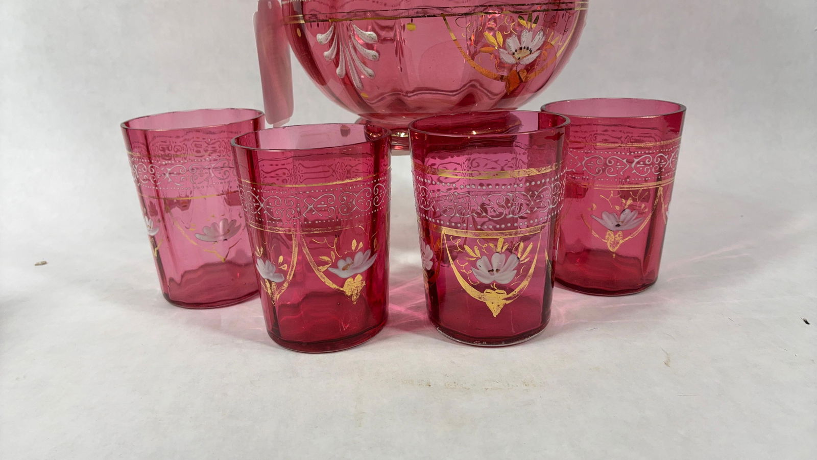 Hand Blown 1890s Cranberry Glass Water Pitcher & Glasses - 7