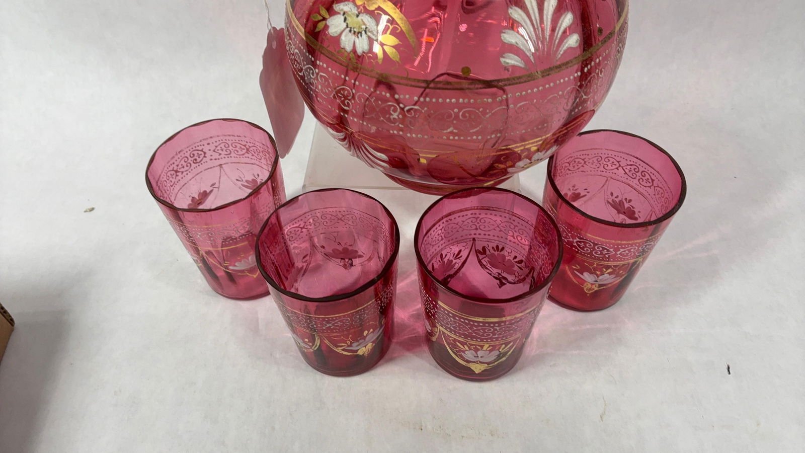 Hand Blown 1890s Cranberry Glass Water Pitcher & Glasses - 8