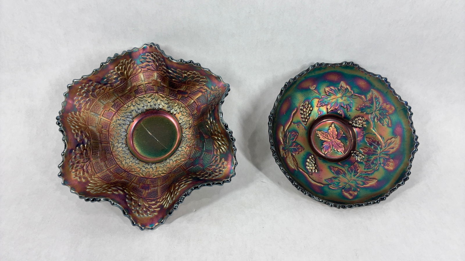 Fenton Orange Tree & Grape & Cable Glass Candy Dishes: Both with and iridescent finish, rainbow like sheen. Ruffled crimp edge pattern. 6 and 7 inches in diameter, crack and chip free.