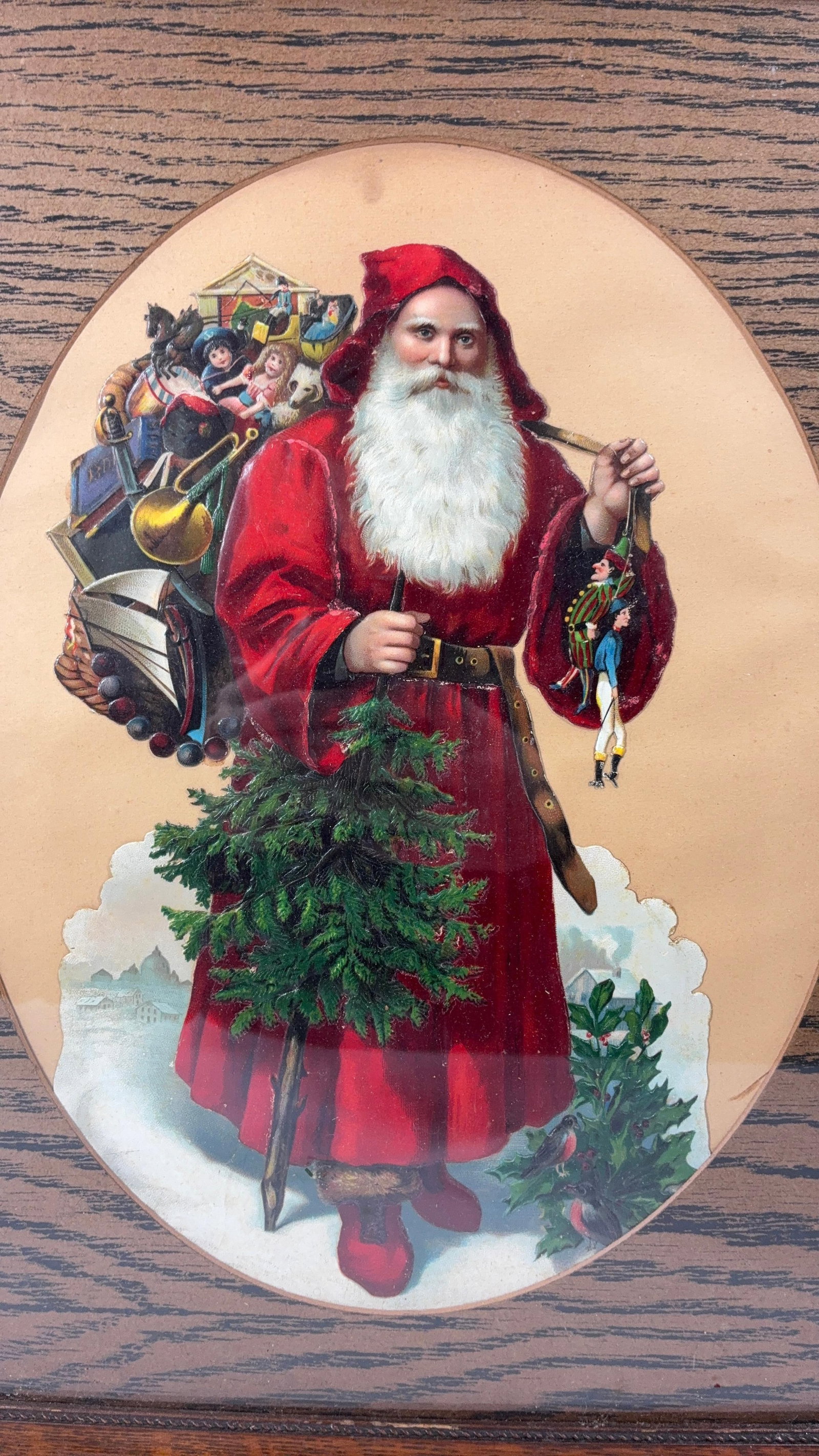 Old Saint Nicholas Die Cut Litho: 3-D like image with vibrant color, lots of detail, textured and embossed. Framed in 17 x 13 inch frame.