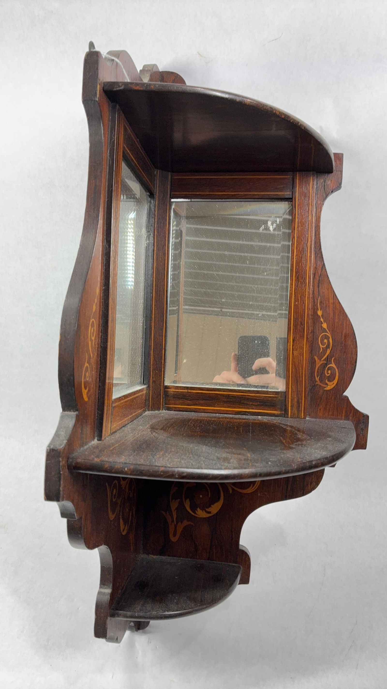 Inlaid Walnut Corner Shelf w Beveled Mirrors: 26 inches tall with three shelves.