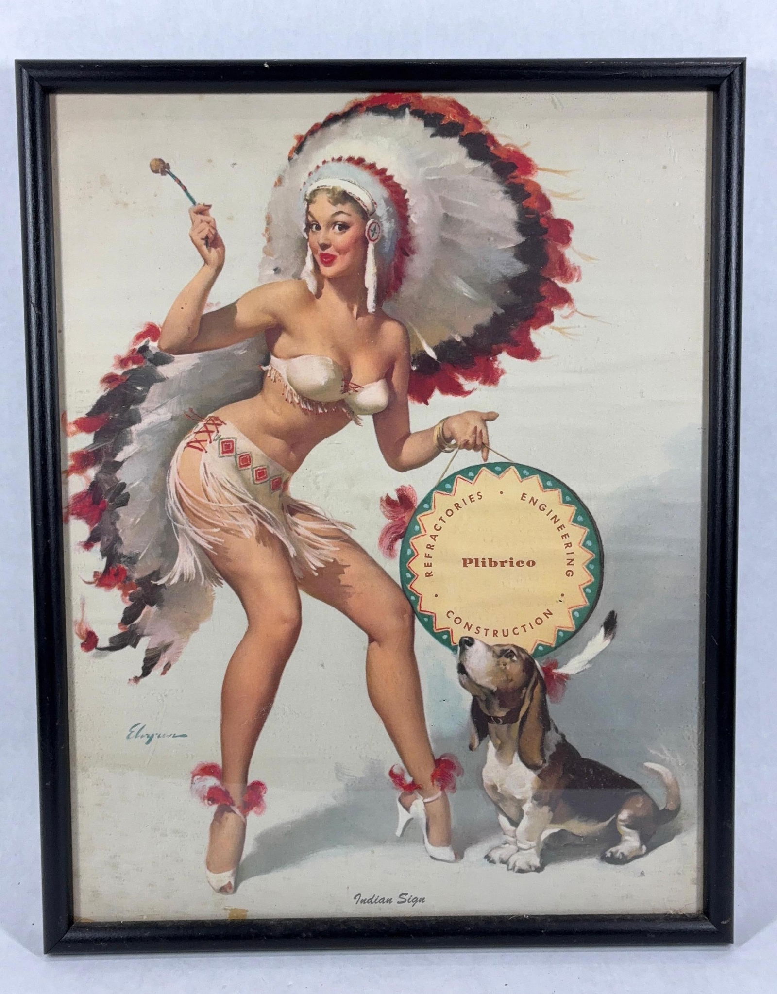 Pin Up Girl Native American Plibrico Advertising Print: Basset hound and Indian Chief image. In simple black wood frame. 18x14.5