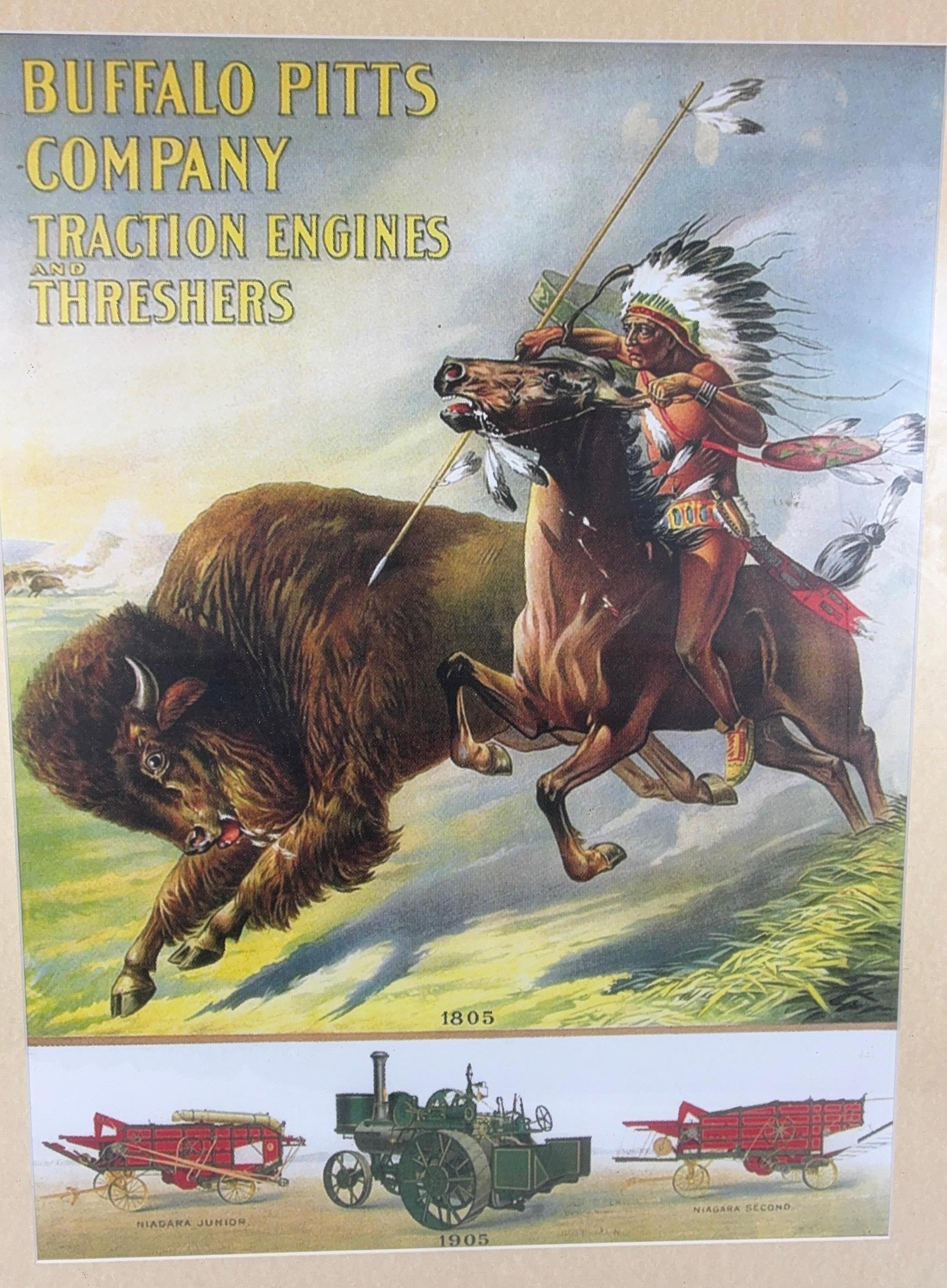 Buffalo Pitts Native American Farm Implements Advertising Print: This is a reprint of a great 1900s piece. Featuring farm equipment, Indian warrior and buffalo images. 29x23