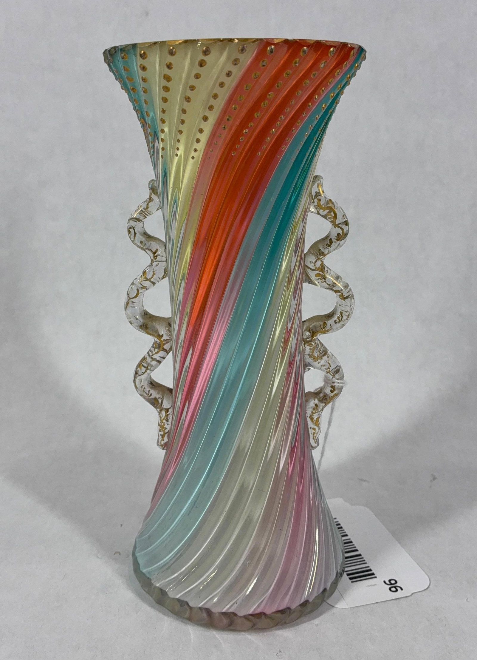 Elegant Twisted Art Glass Rainbow Vase: A pastel color scheme with ruffled handles and gold gilting. Very good quality with no chips or cracks. 7.5 inches tall