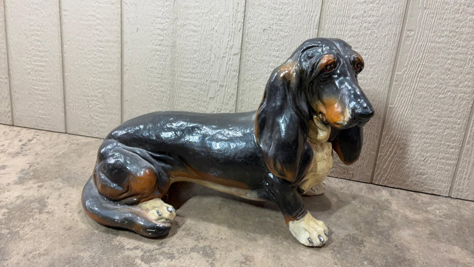 Life Size Basset Hound Sculpture: A glazed tri color coat with a cute expressive face. Plaster or chalkware composition. Several small chips to toes but no large damage. 26x16x11