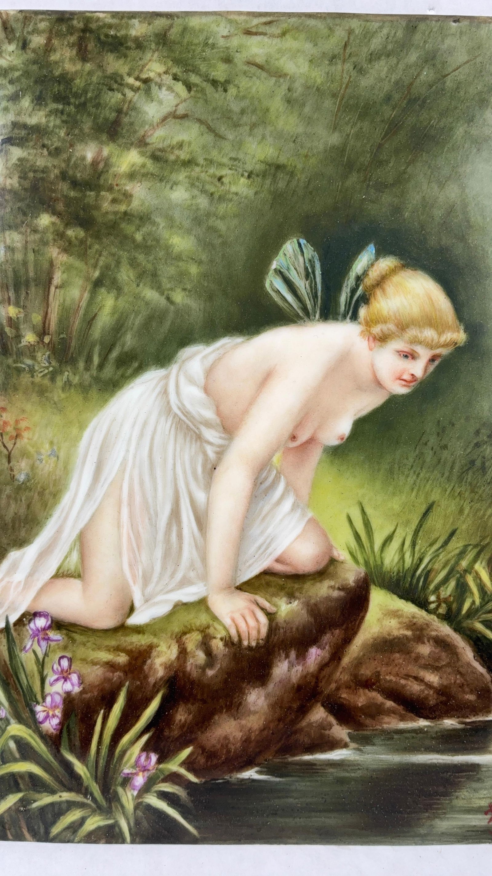 19th Century German Porcelain Painting: Artist signed and numbered 194. Titled Psyche at Nature's Mirror. 10x8