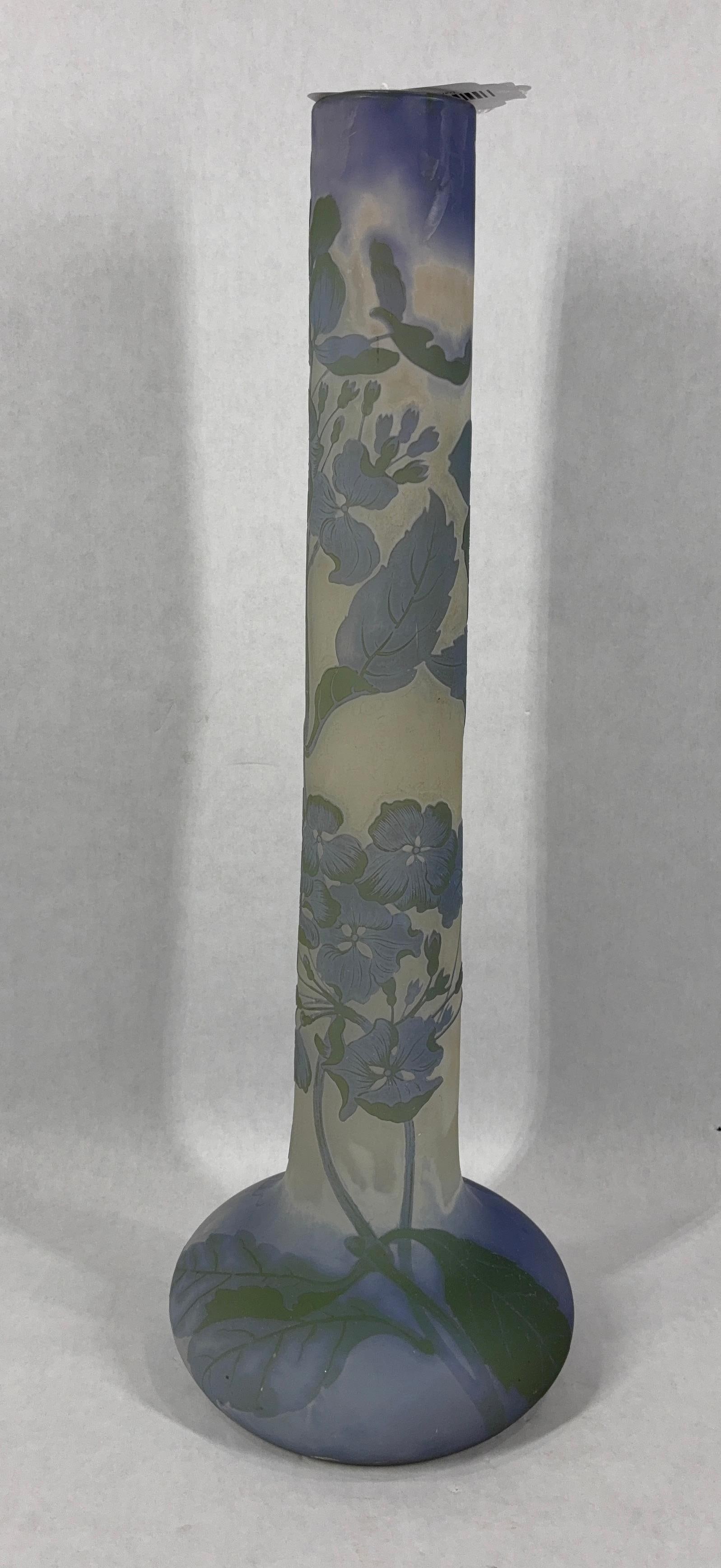 Galle Cameo Glass Frosted Vase: Signature shows on bulbus lower section of vase. No damage but a flea bite is found to top rim.