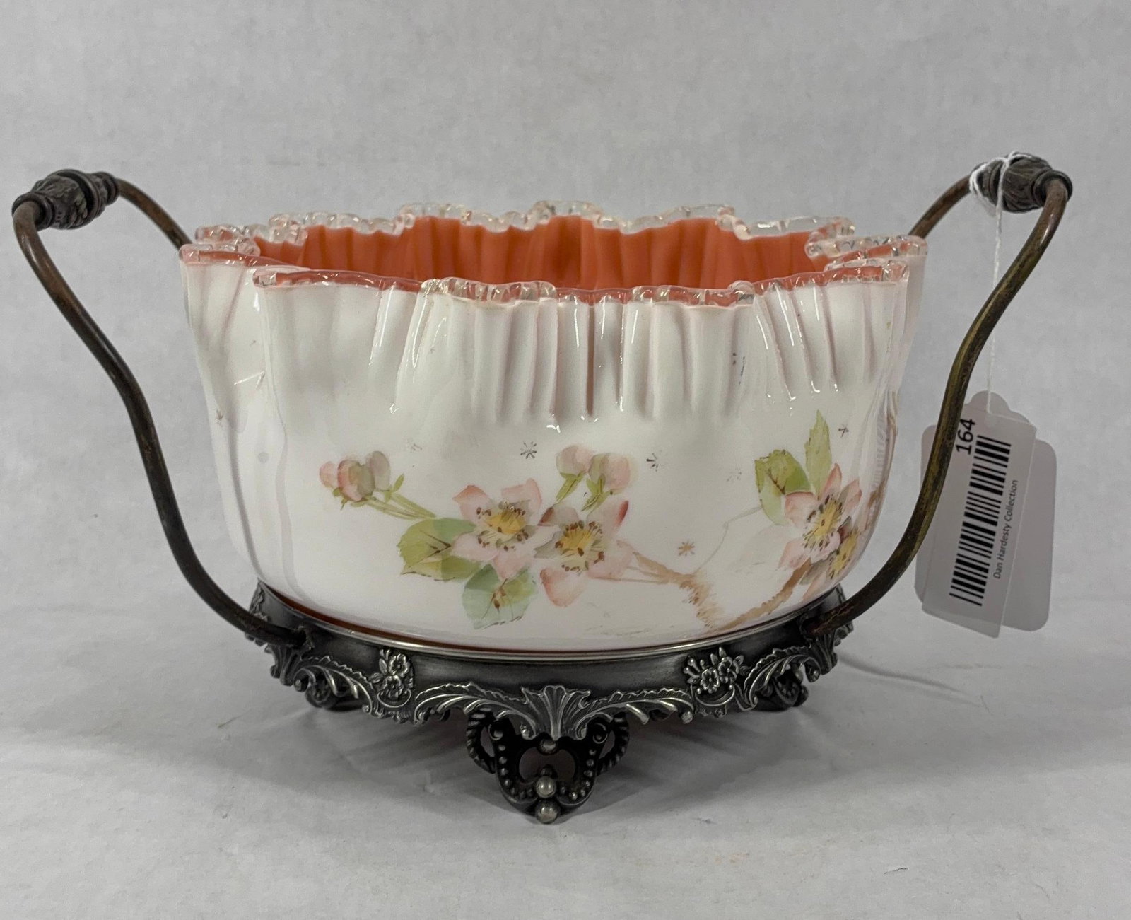 Reed & Barton Silver Plated Brides Basket: SIlver plated stand with a pink pastel painted dish. No chips or cracks. 11x8.5 x 6