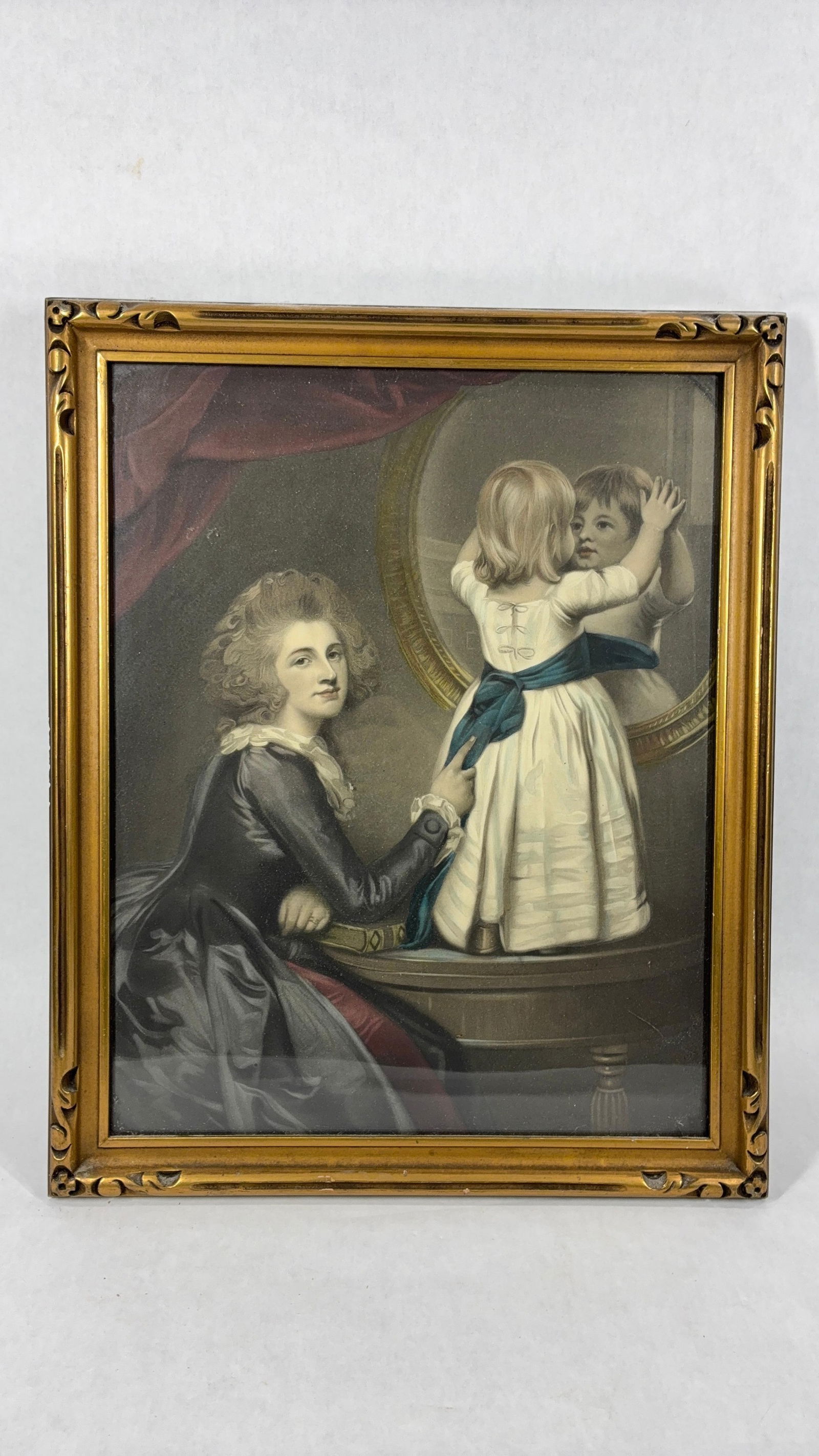 Lady Russell & Child Framed Litho: From the Original picture in the possession of Sir Charles Russell Barto. This message is written on back of picture in script. Excellent condition in gold toned frame. 9x15.5
