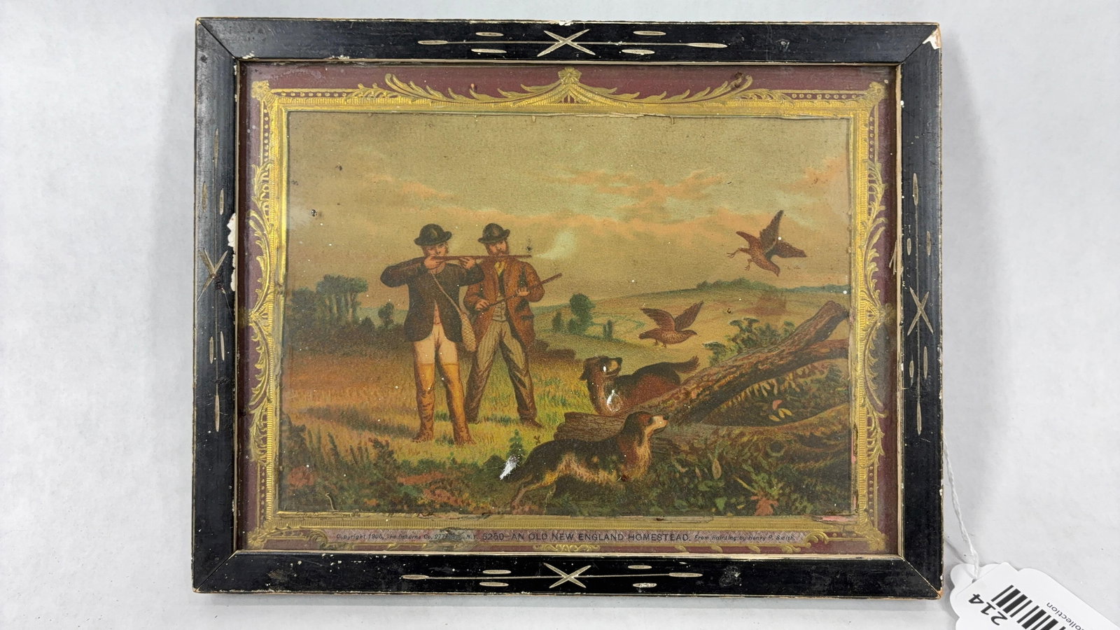 1900s Duck Hunting Lithograph: Copyright 1900, The Osborne Co. 6250 An Old New England Homestead, from a painting by Henry P. S. 8.5x6.5. In a cute little frame with gilded border.