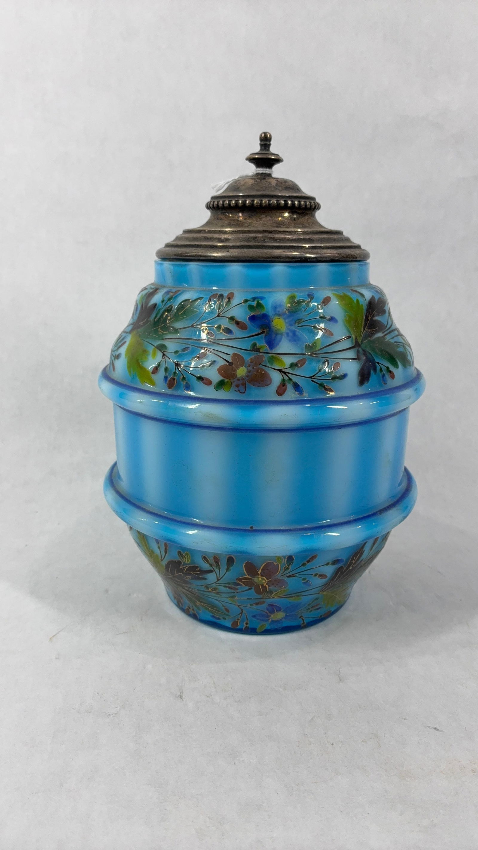 Antique Striped Hand Painted Biscuit Jar: Silver plated lid with floral and gilded details. No chips or cracks found. Approx 7 inches