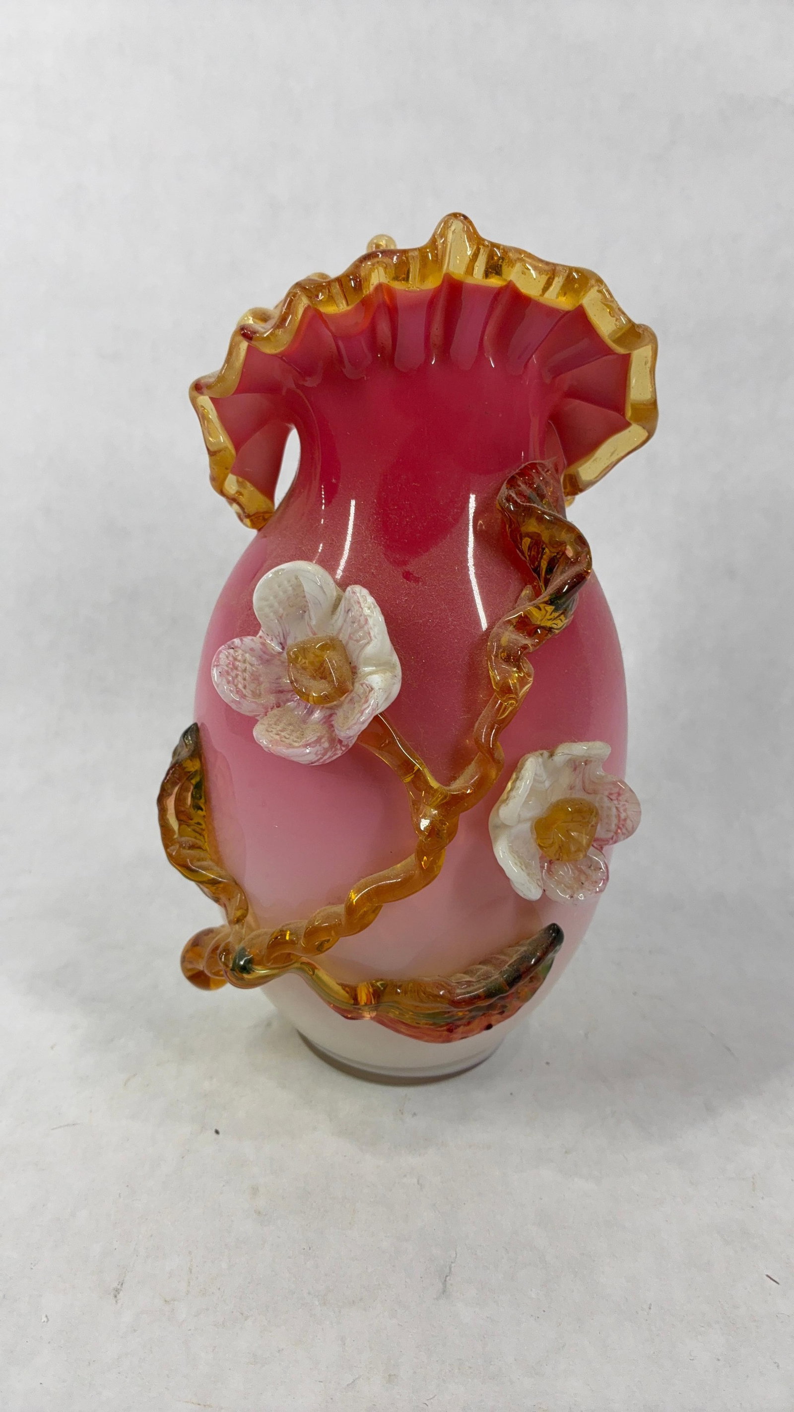 Victorian Stevens & Williams Floral Applied Vase: Good condition with hand blown glass flowers, glows under uv light. 7.5 inches tall