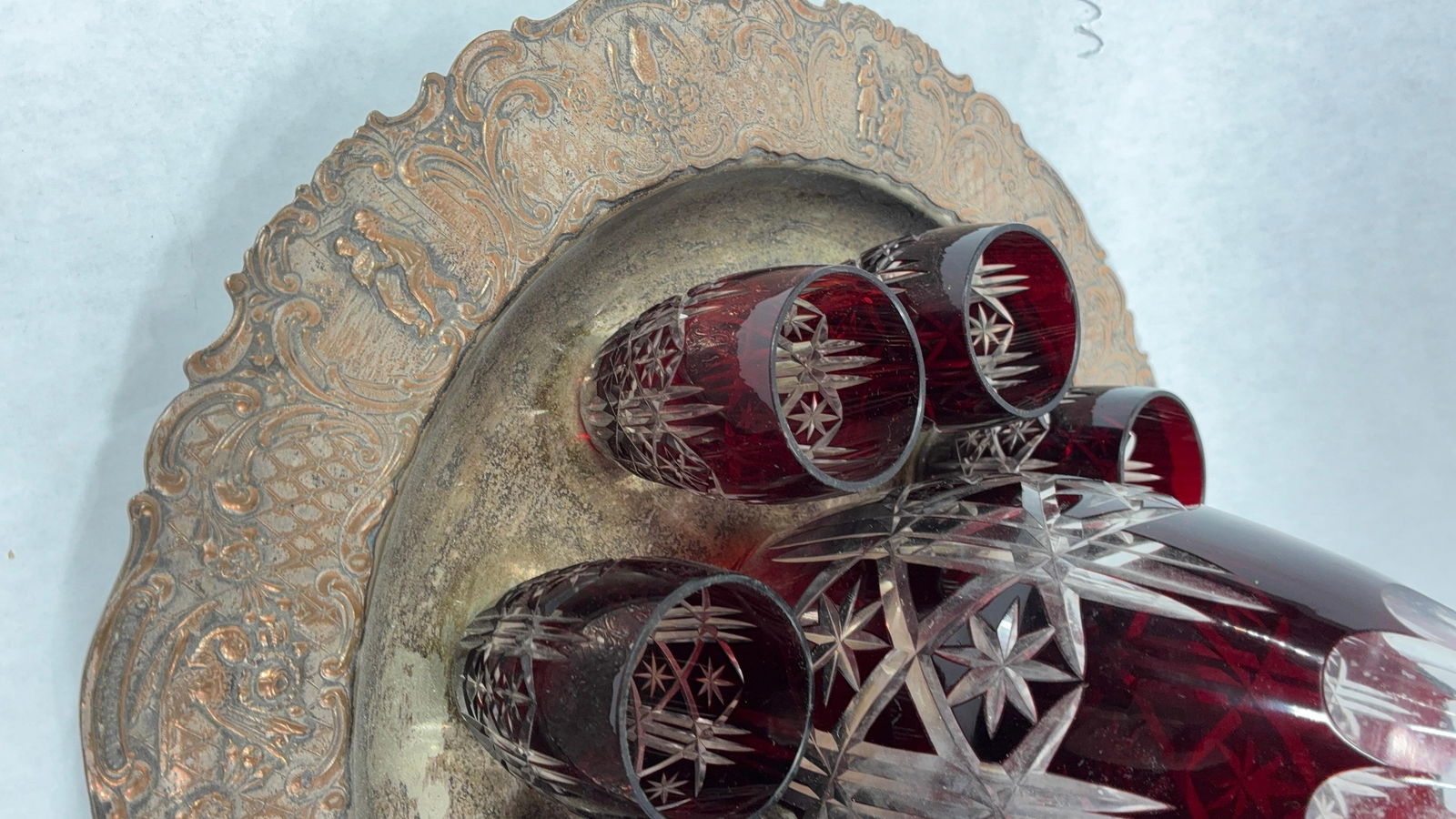 Bohemian Ruby Red Cut to Clear Crystal & Silver Decanter Set - 11