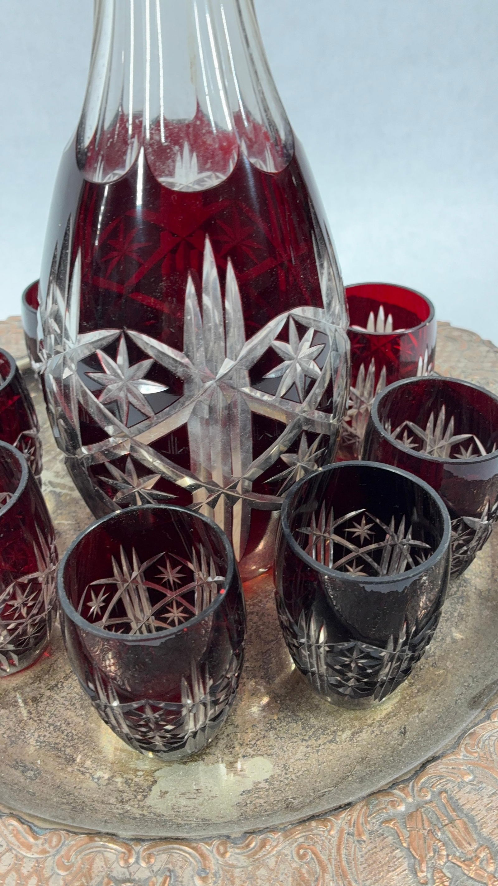 Bohemian Ruby Red Cut to Clear Crystal & Silver Decanter Set - 12