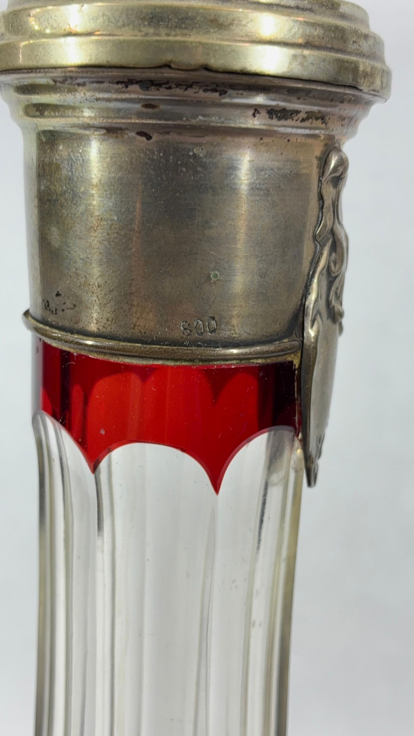 Bohemian Ruby Red Cut to Clear Crystal & Silver Decanter Set - 13