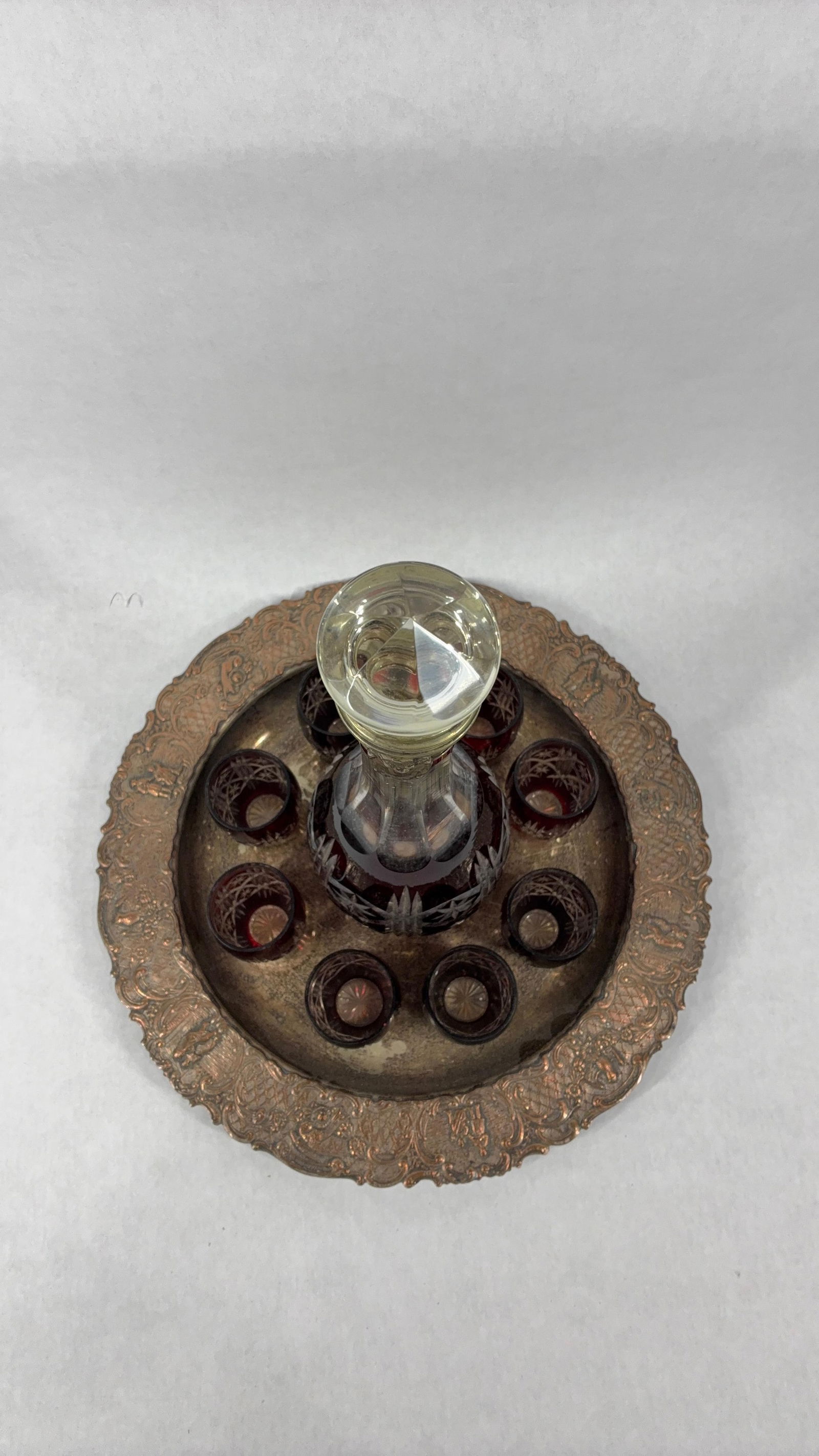 Bohemian Ruby Red Cut to Clear Crystal & Silver Decanter Set - 2