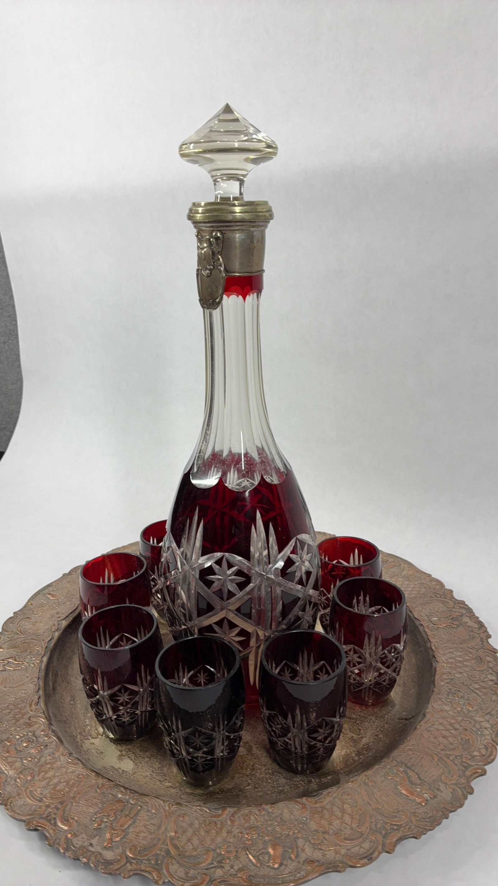 Bohemian Ruby Red Cut to Clear Crystal & Silver Decanter Set - 3