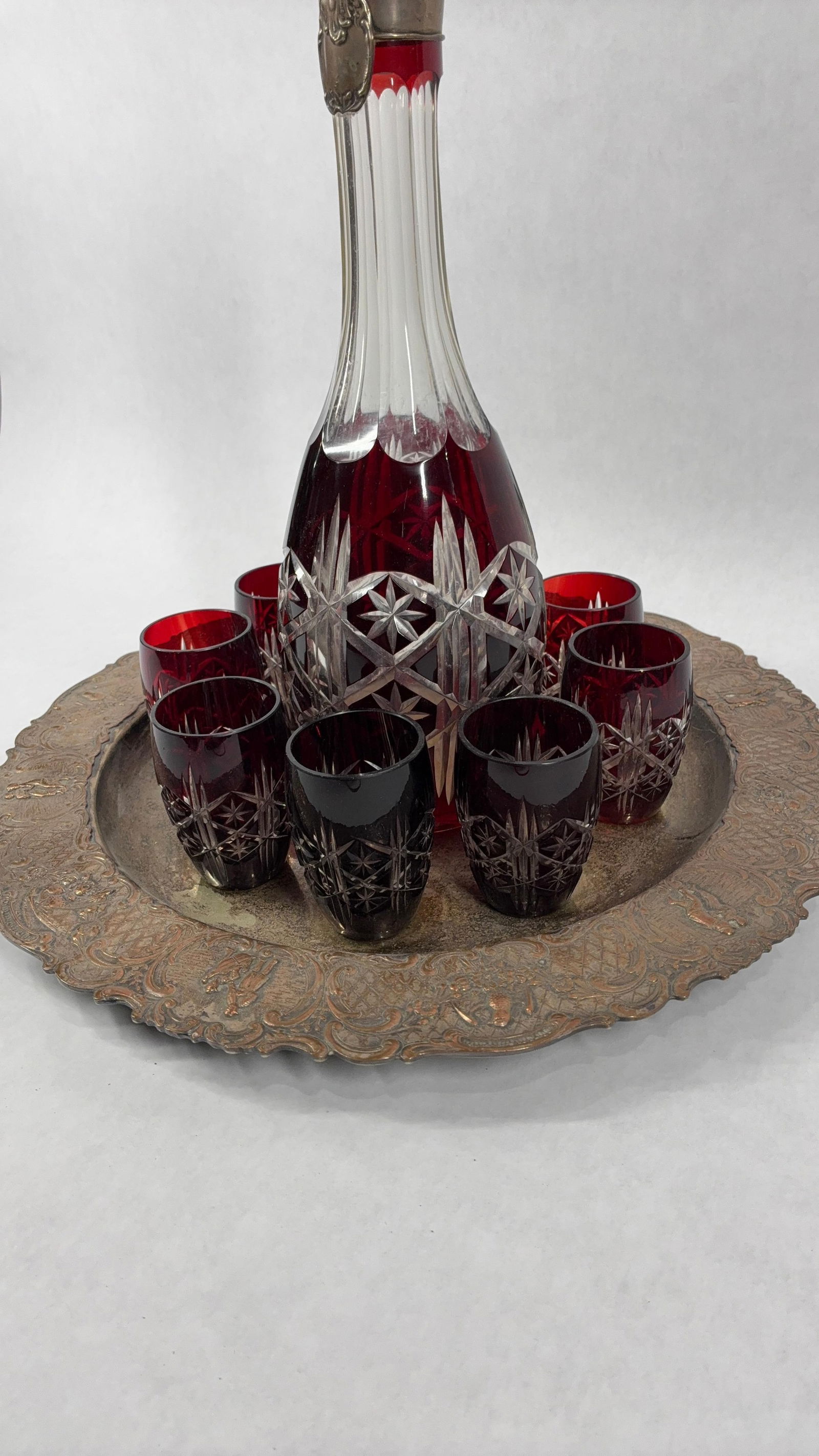 Bohemian Ruby Red Cut to Clear Crystal & Silver Decanter Set - 4