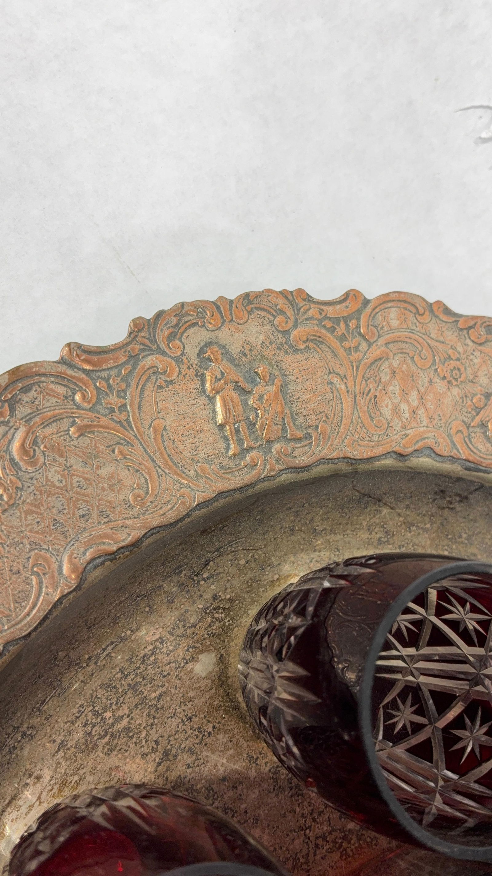 Bohemian Ruby Red Cut to Clear Crystal & Silver Decanter Set - 6