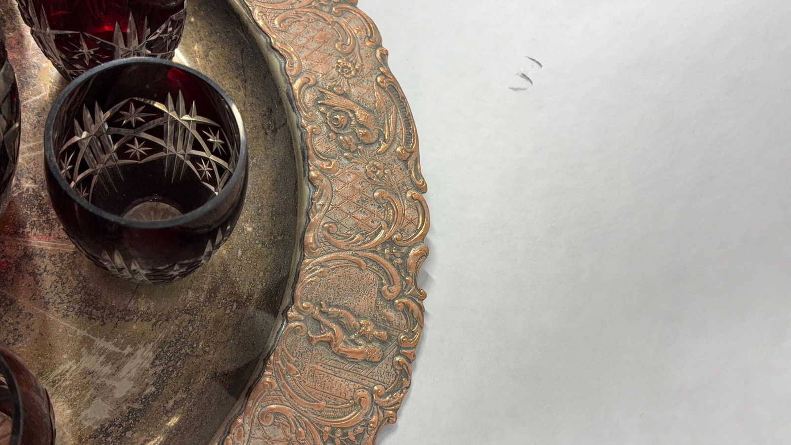 Bohemian Ruby Red Cut to Clear Crystal & Silver Decanter Set - 7