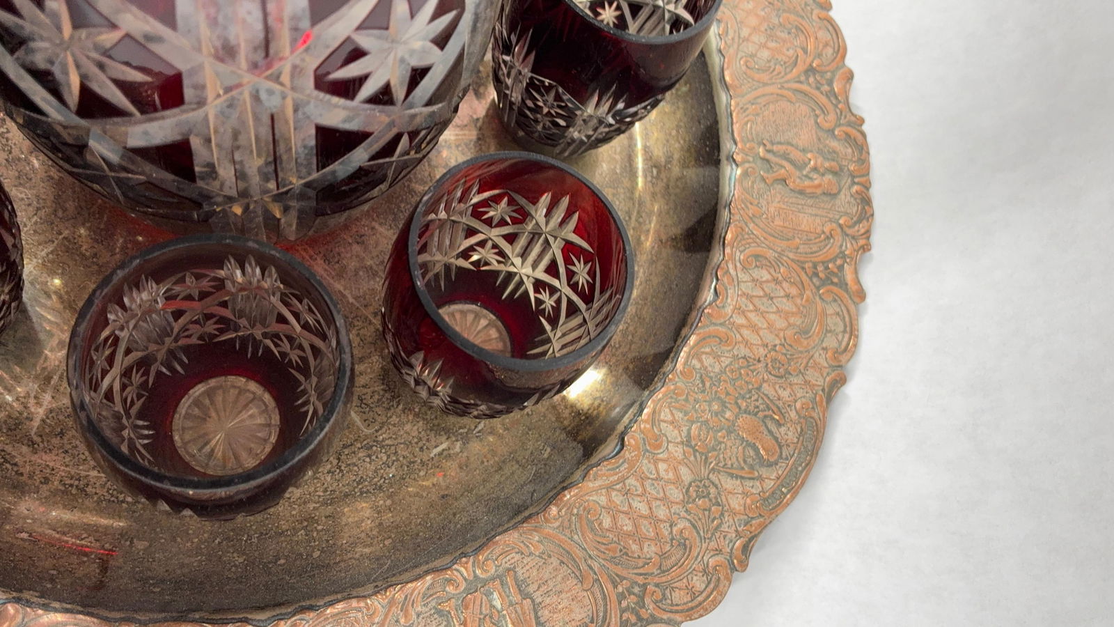 Bohemian Ruby Red Cut to Clear Crystal & Silver Decanter Set - 8