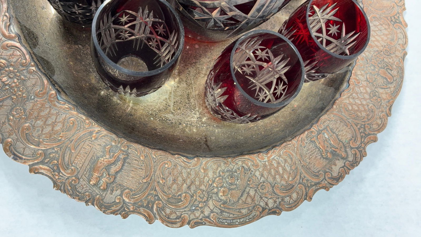 Bohemian Ruby Red Cut to Clear Crystal & Silver Decanter Set - 9