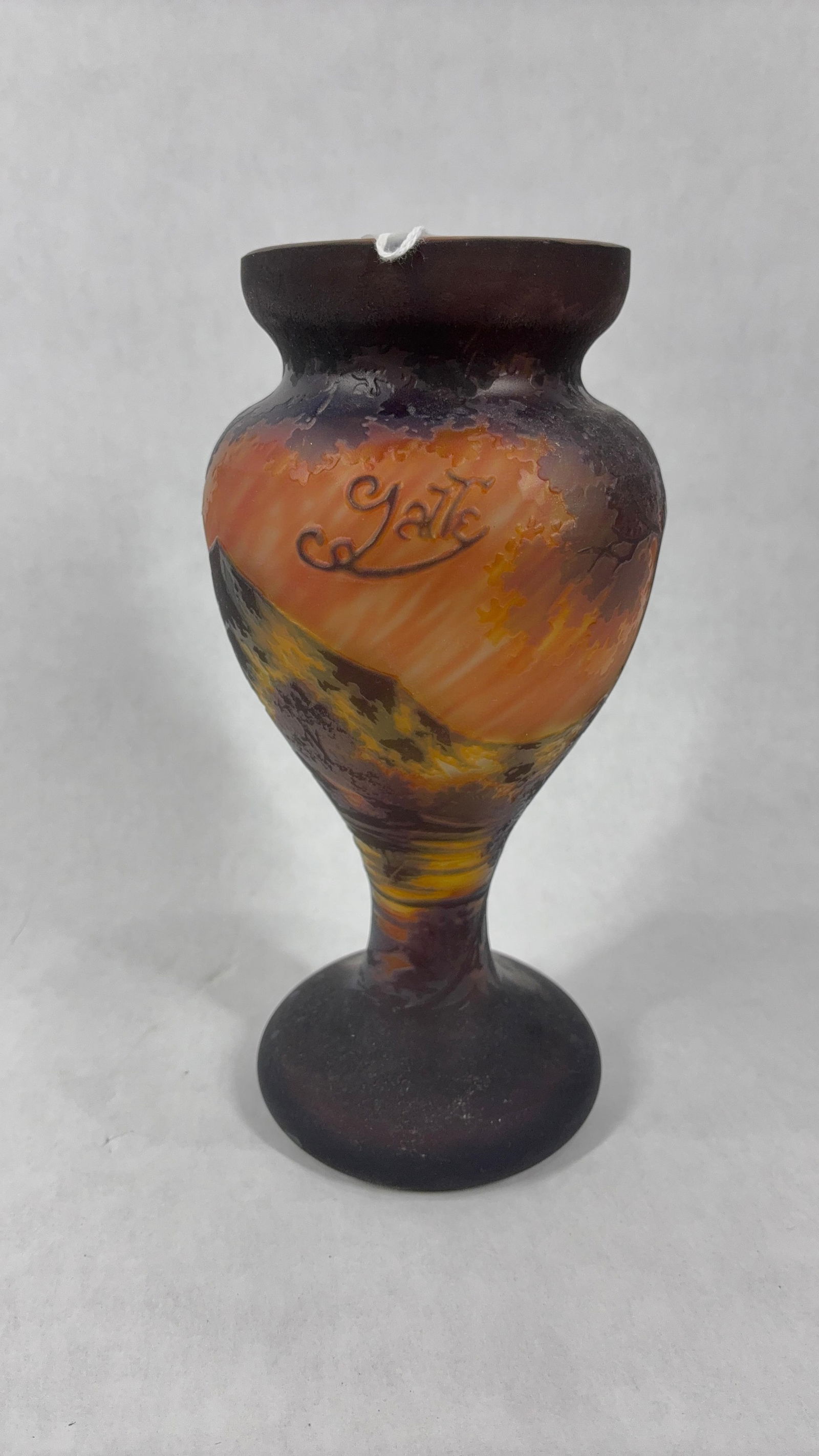 Emile Galle Cameo Art Glass Vase: A wonderful autumn sunset with dark hues. 1846-1901. Artist signed with no damage or chips found. 8 inches tall