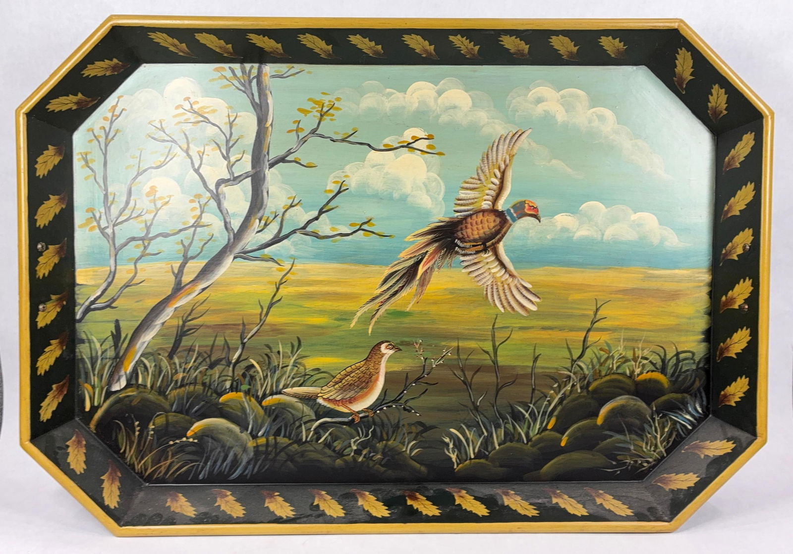 Wooden Pheasant Decorated Serving Tray: Hand painted with decorated designs. 29x20