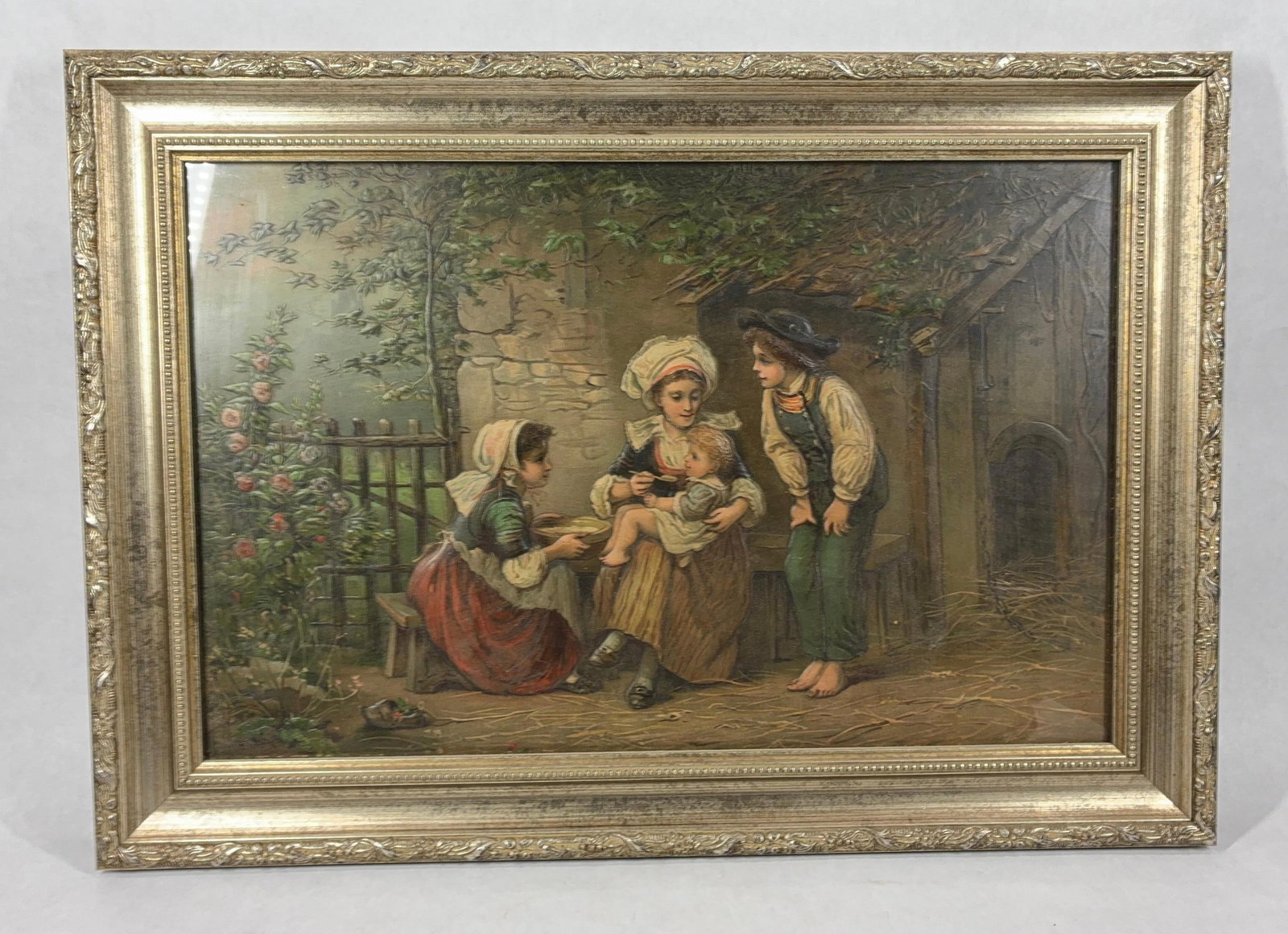 Embossed 19th Century Leather Painting: Artist unknown, framed in a newered gold toned frame. 23.5x16.5