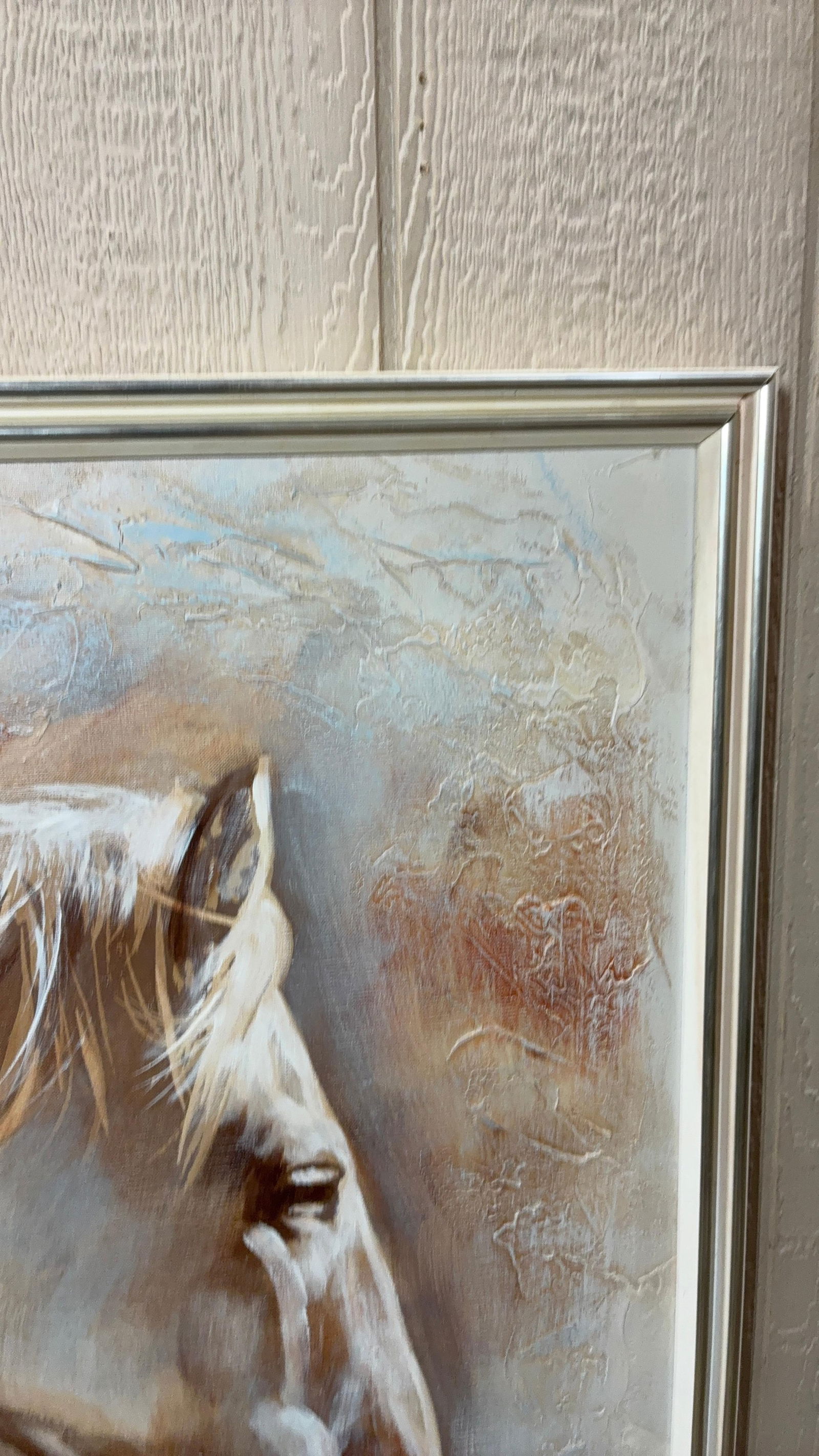 Large Three Horse Marx Painting: Depicting three white horses with soft blended backgrounds. Artist signed Marx. 52x42
