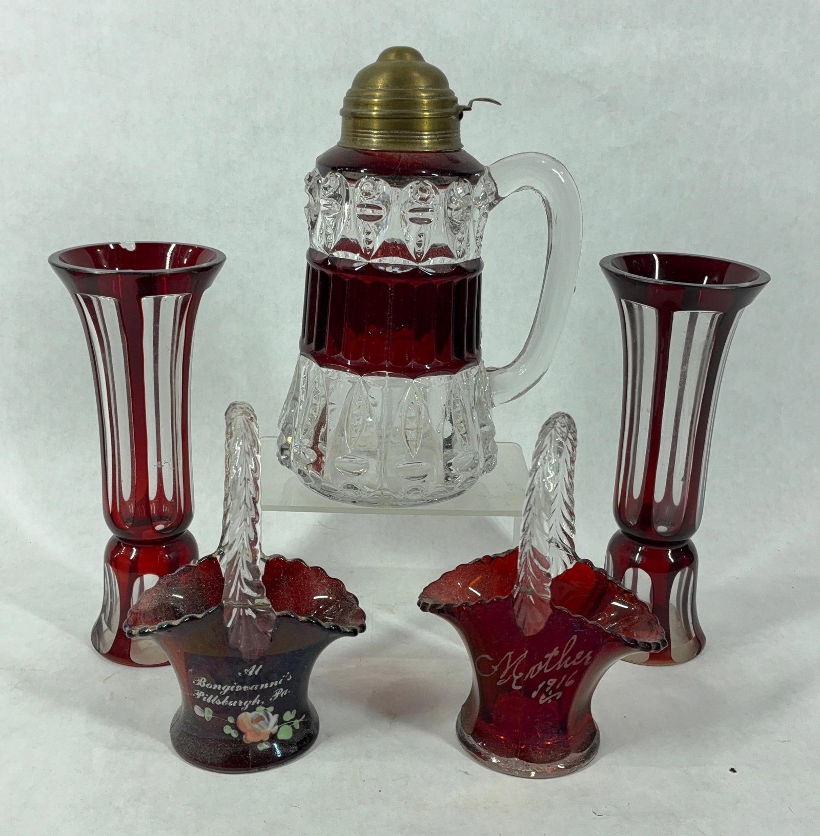 Ruby to Clear Glass Syrup Jar, Vases, and Baskets (1 of 8)