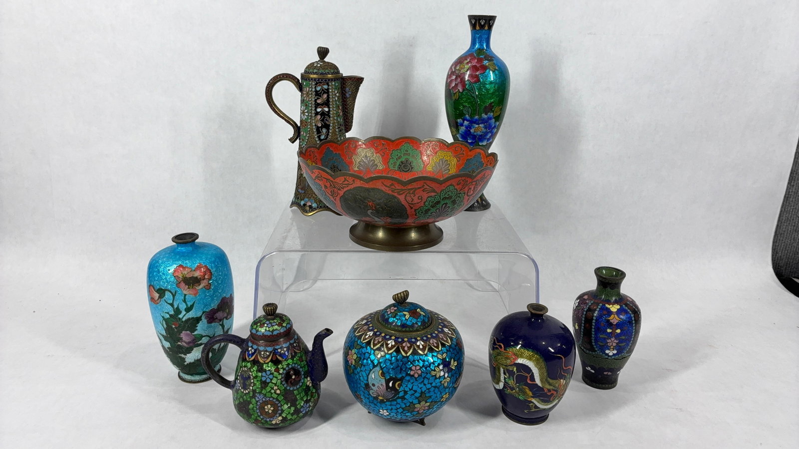 Asian Enamelled Brass Urns, Vases, and Bowl (1 of 18)