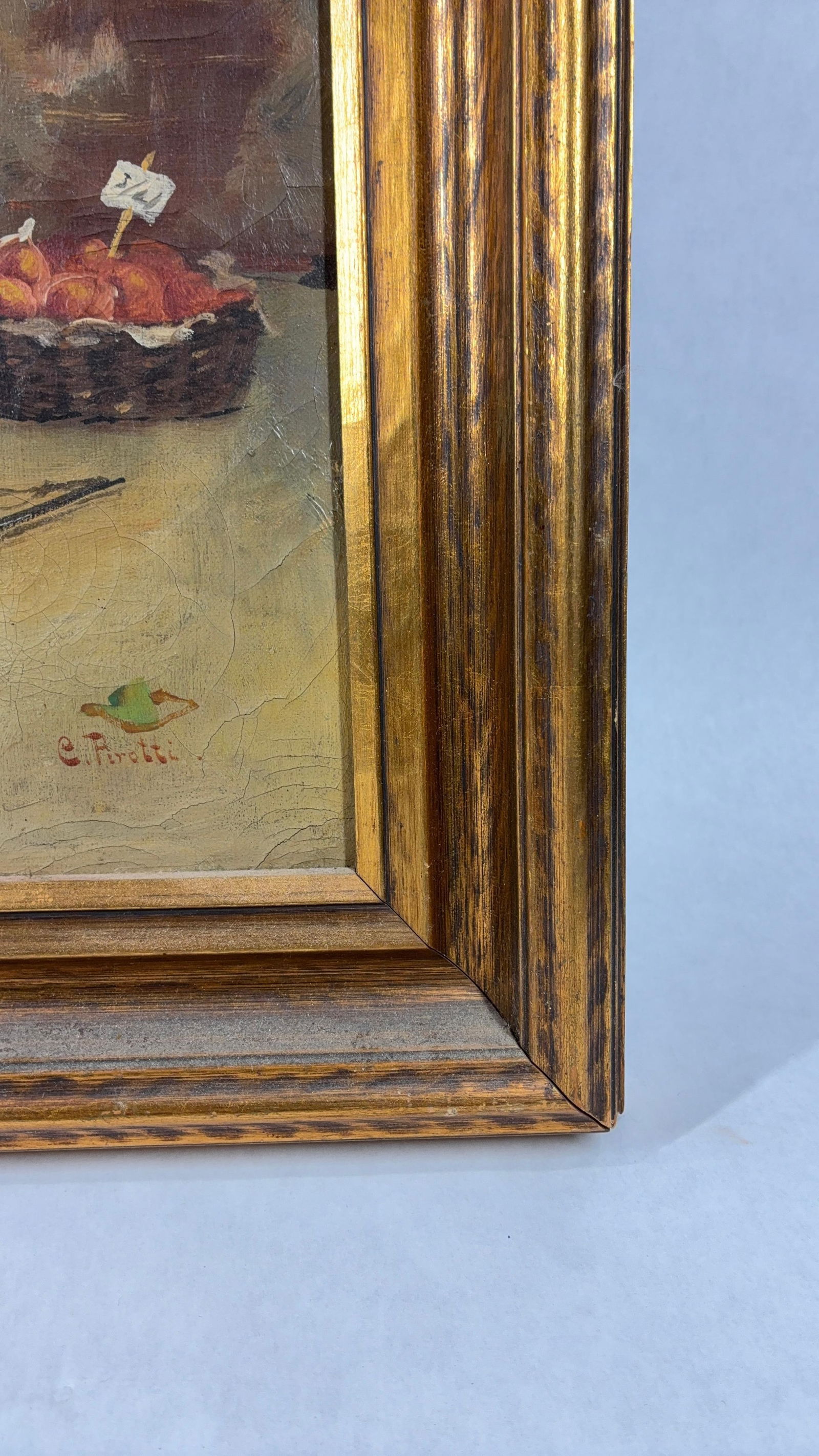 C. Arotti Oil on Canvas Painting: A wonderful hand painted scene of a boy smoking. You can see the age on this painting as some crackling show to canvas. Gold toned frame. 25x21