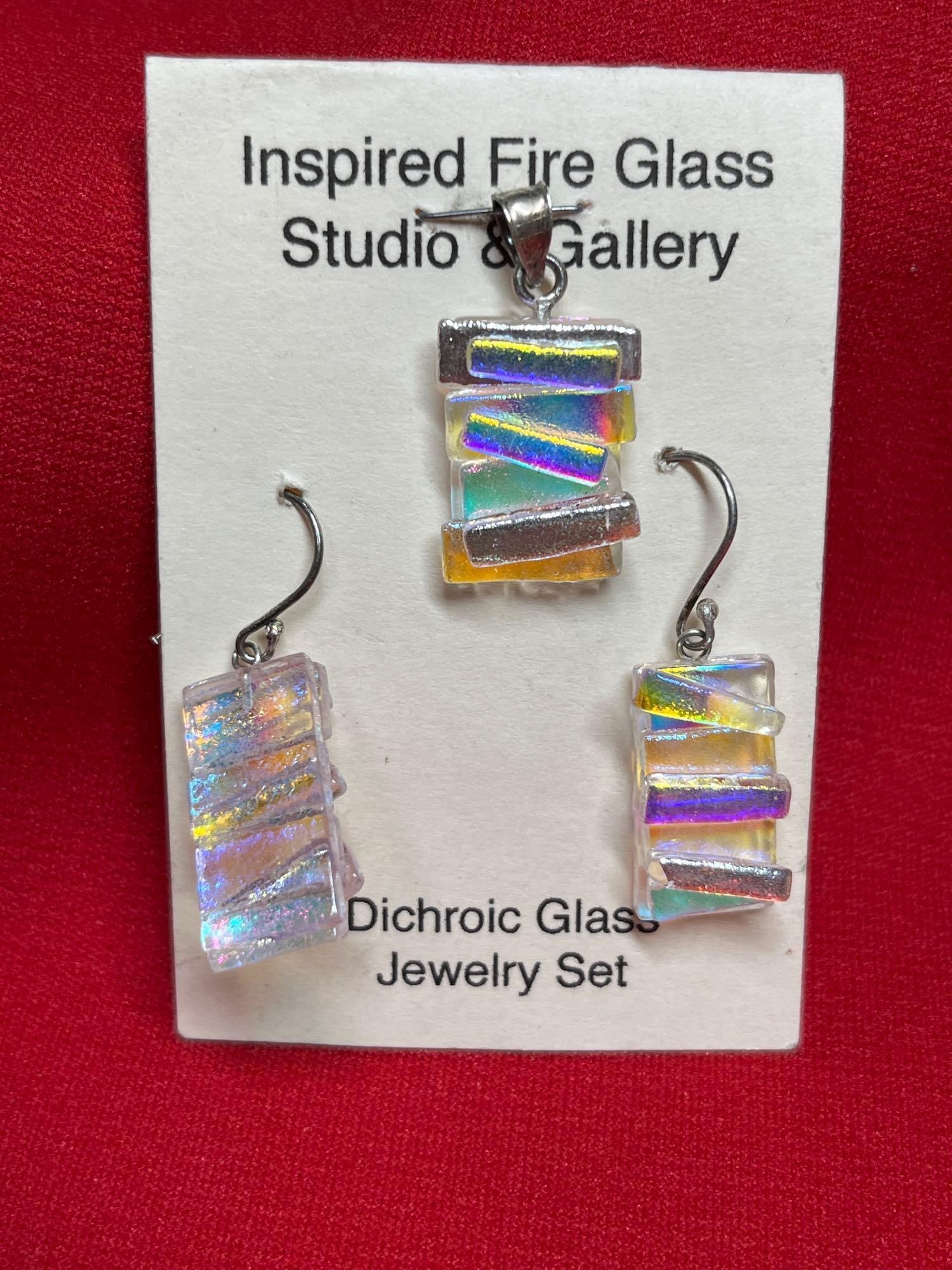 Sterling Dichroic Glass Earrings & Pendant Set: Inspired Fire glass studios artisan made with sterling silver clasps and hardware.