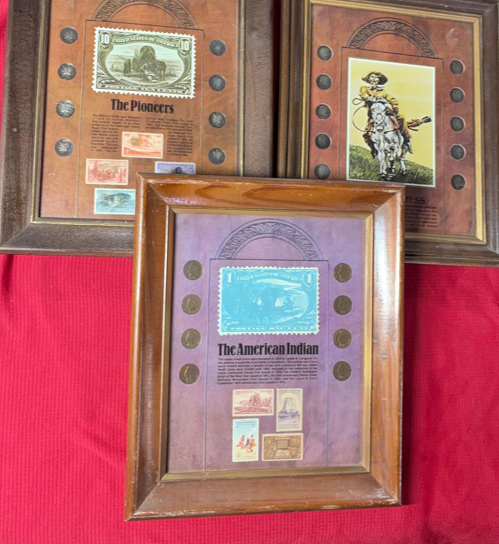 Framed Wild West Coinage and Stamp Displays: Includes three nice displays featuring The American Indian with Indian head cents, The Pioneers and The Pony Express with mercury dimes.