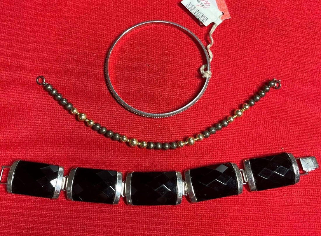 Sterling Silver Onyx, Beaded, and Bangle Bracelets: 3 wonderful pieces. .925 marked on 2. Other marking is on original tag.
