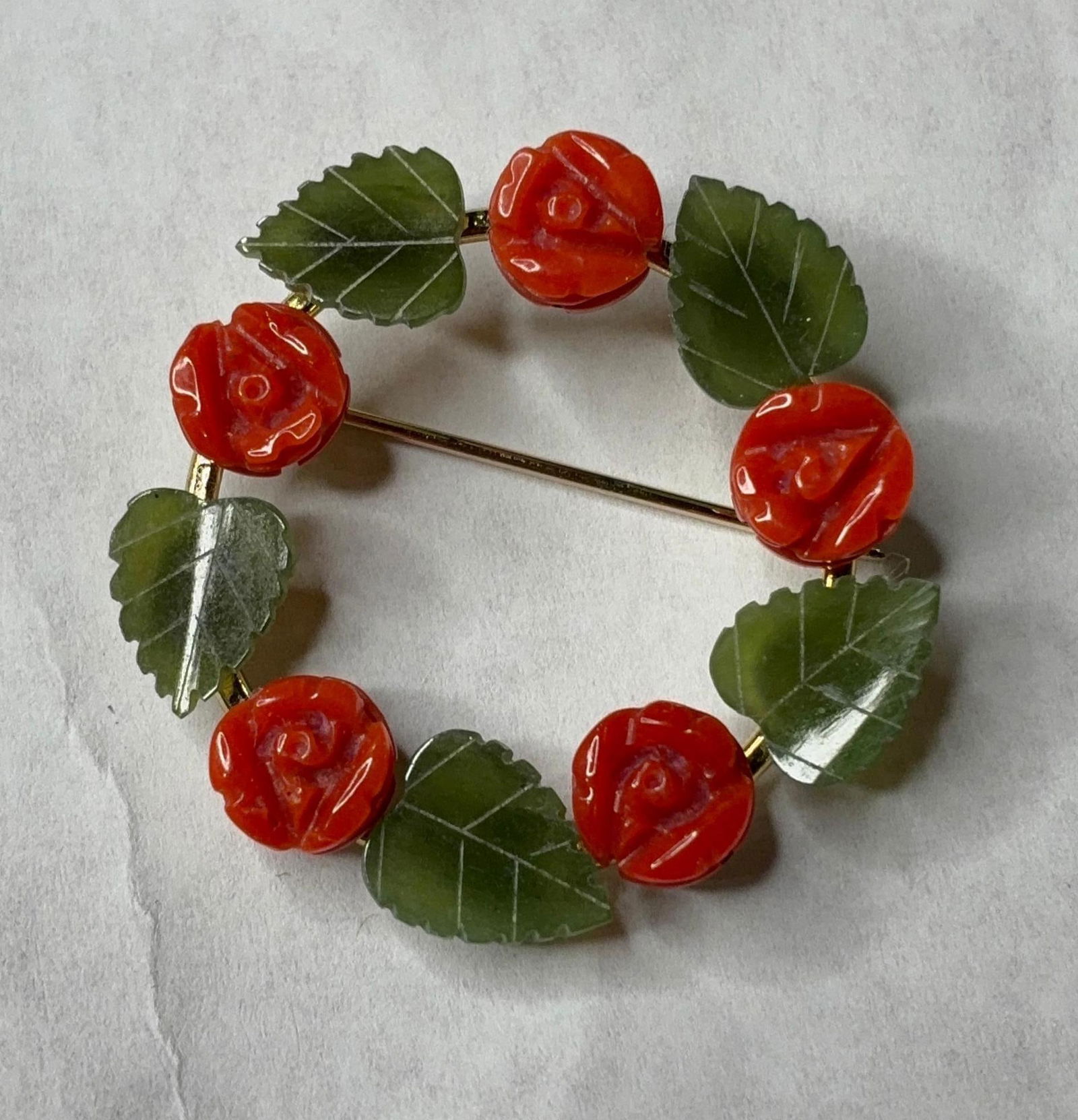 Sorrento Carved Coral & Jade Gold Filled Brooch: 1/20 12K gold filled.
