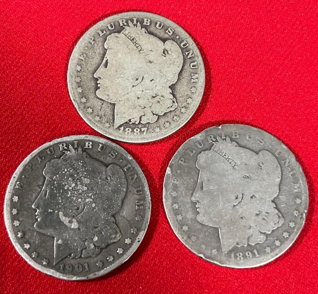 3 O Mint Mark Morgan Silver Dollars: 1887 O, 1891 O, and 1901 O.
