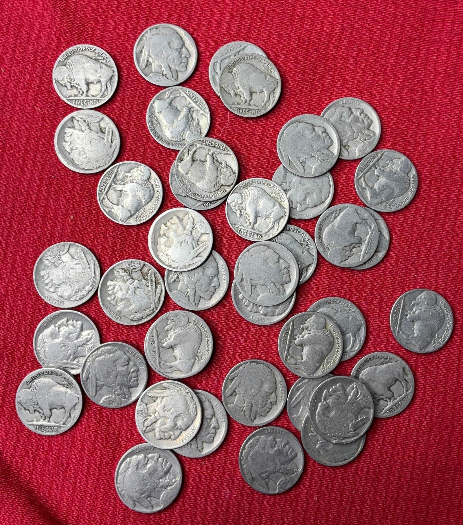 40 Buffalo Head Nickels: Most dates are worn but a few early 20s and 30s show