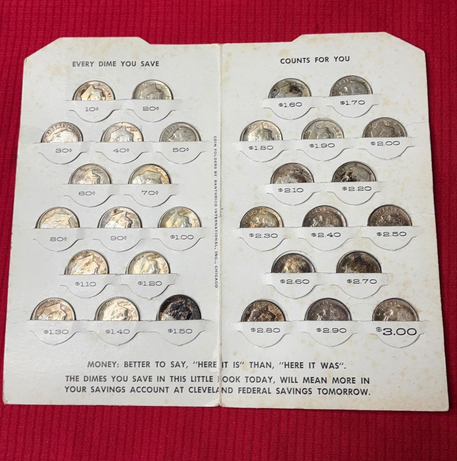 30 Pc Silver Roosevelt Dimes: With Cleveland Federal savings coin saver pocket.