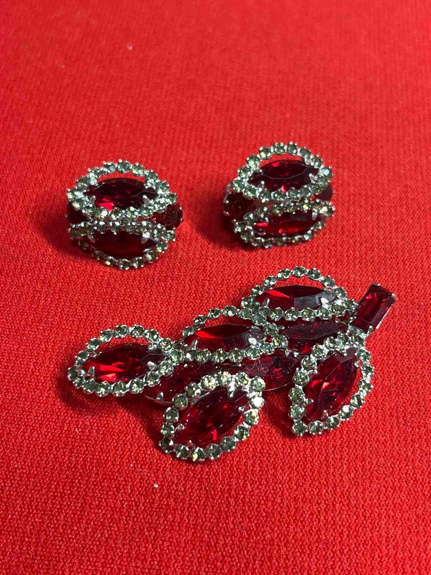 Weiss Ruby Red Rhinestone Earring & Brooch Set (1 of 5)