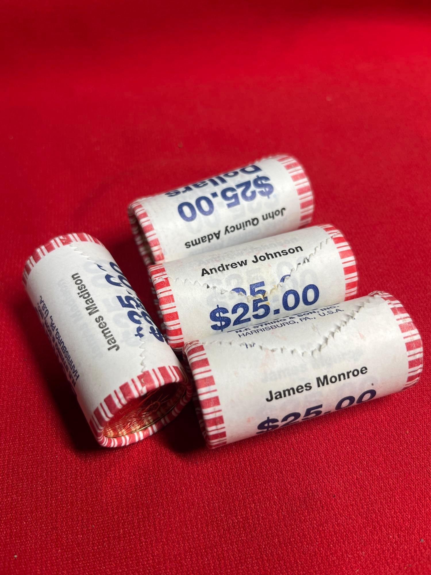 100$ Face Value UNC Presidential Dollars: James Monroe, John Quincy Adams, Andrew Johnson, and James Madison