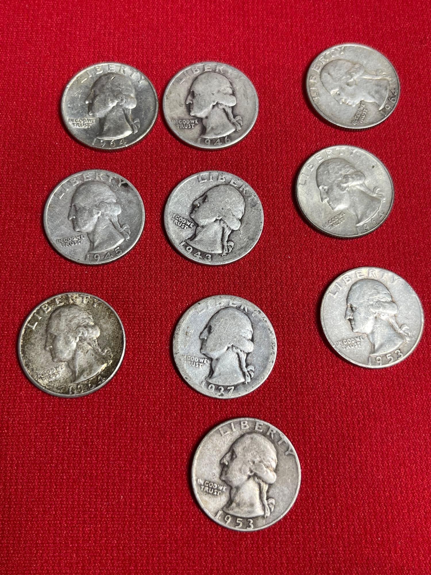 10 Pre 1964 Washington Quarters (1 of 2)