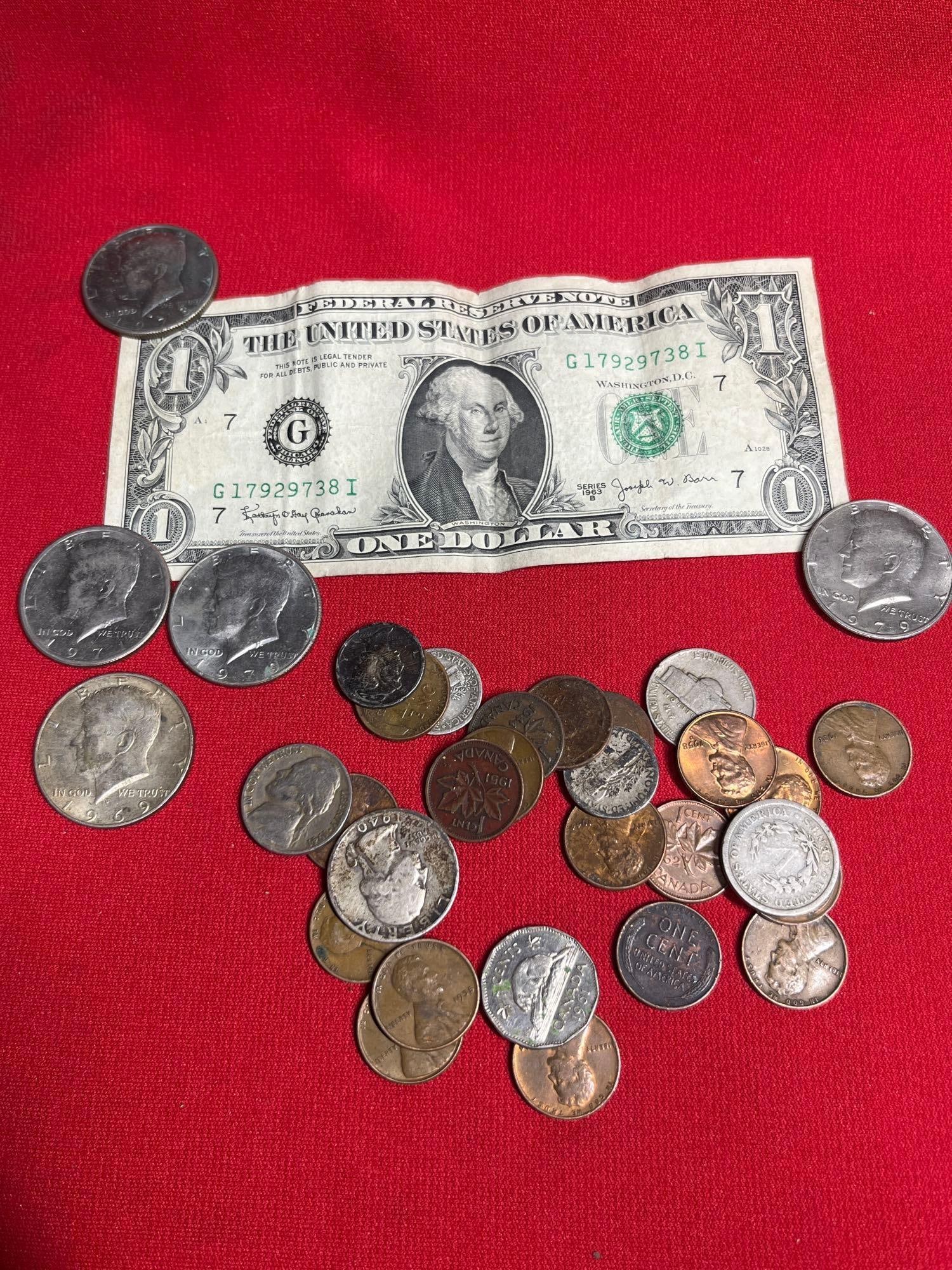 Joseph A Barr $1 Bill and Misc Coinage: $1 bill with J. Barr signature, only several made. Dated 1963B. Misc coins mostly US with several Canadian Some silver coins are included