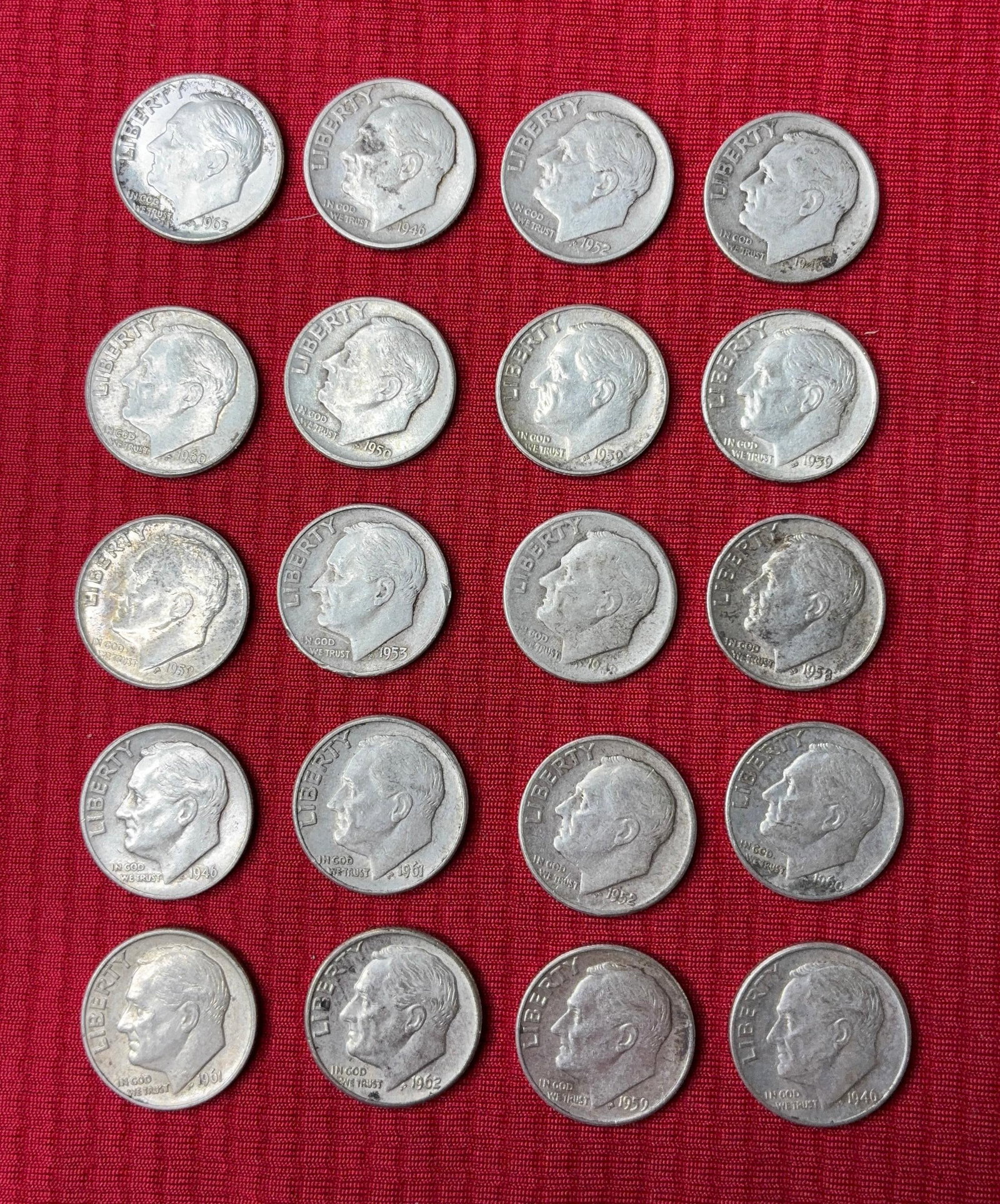 20 Early Roosevelt Dimes: 1946-1964 coins.