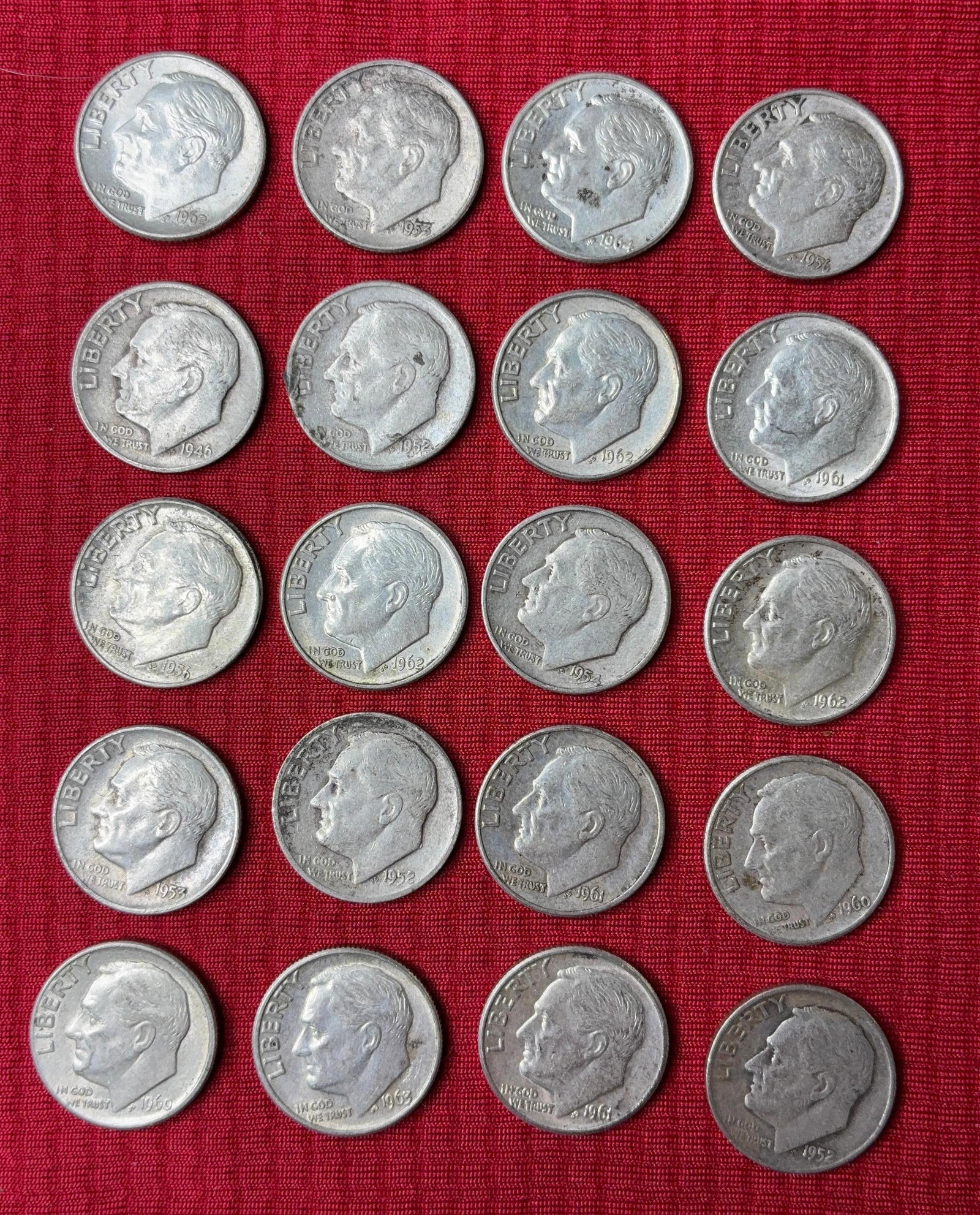 Early Roosevelt Dimes: 20 coins, 1946-1964