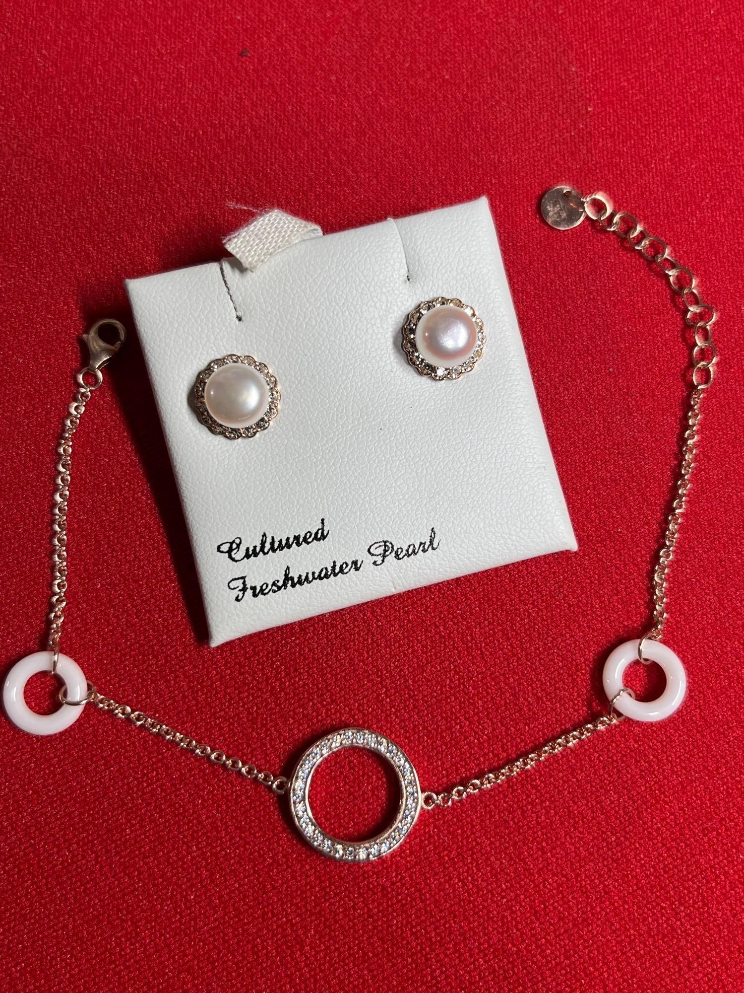 Rose Gold Sterling Earrings and Anklet: Freshwater cultured pearl earrings with surrounded stones. Anklet or bracelet features circular designs. Both marked .925.