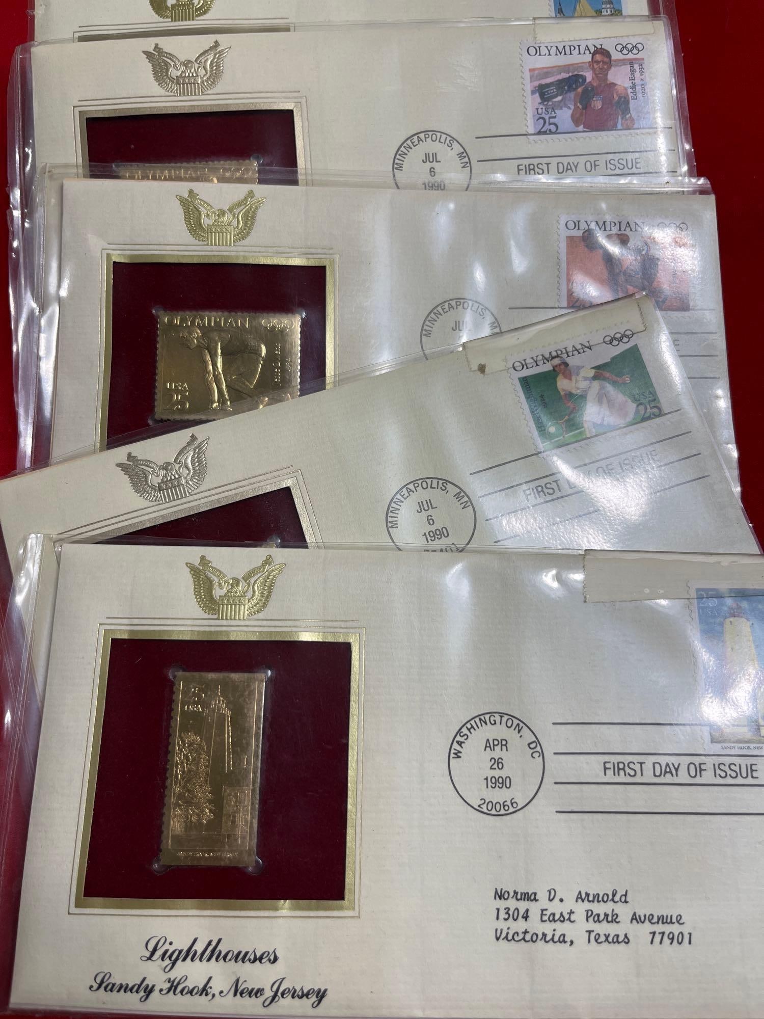 9 First Day Cover Stamps w 22K Gold Leaf Stamps: Each includes a canceled stamp and stamp.
