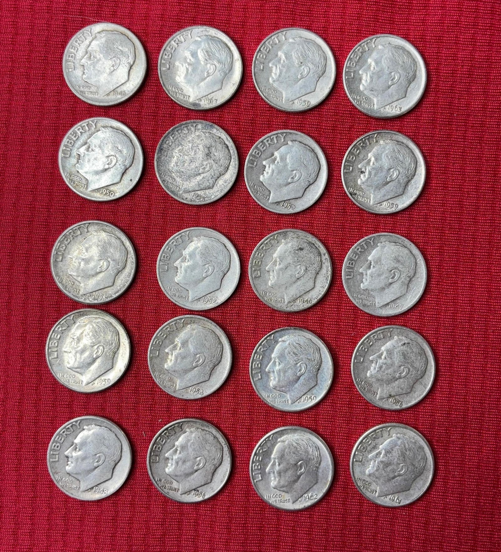20 Pre 1964 Roosevelt Dimes: 1946-1964